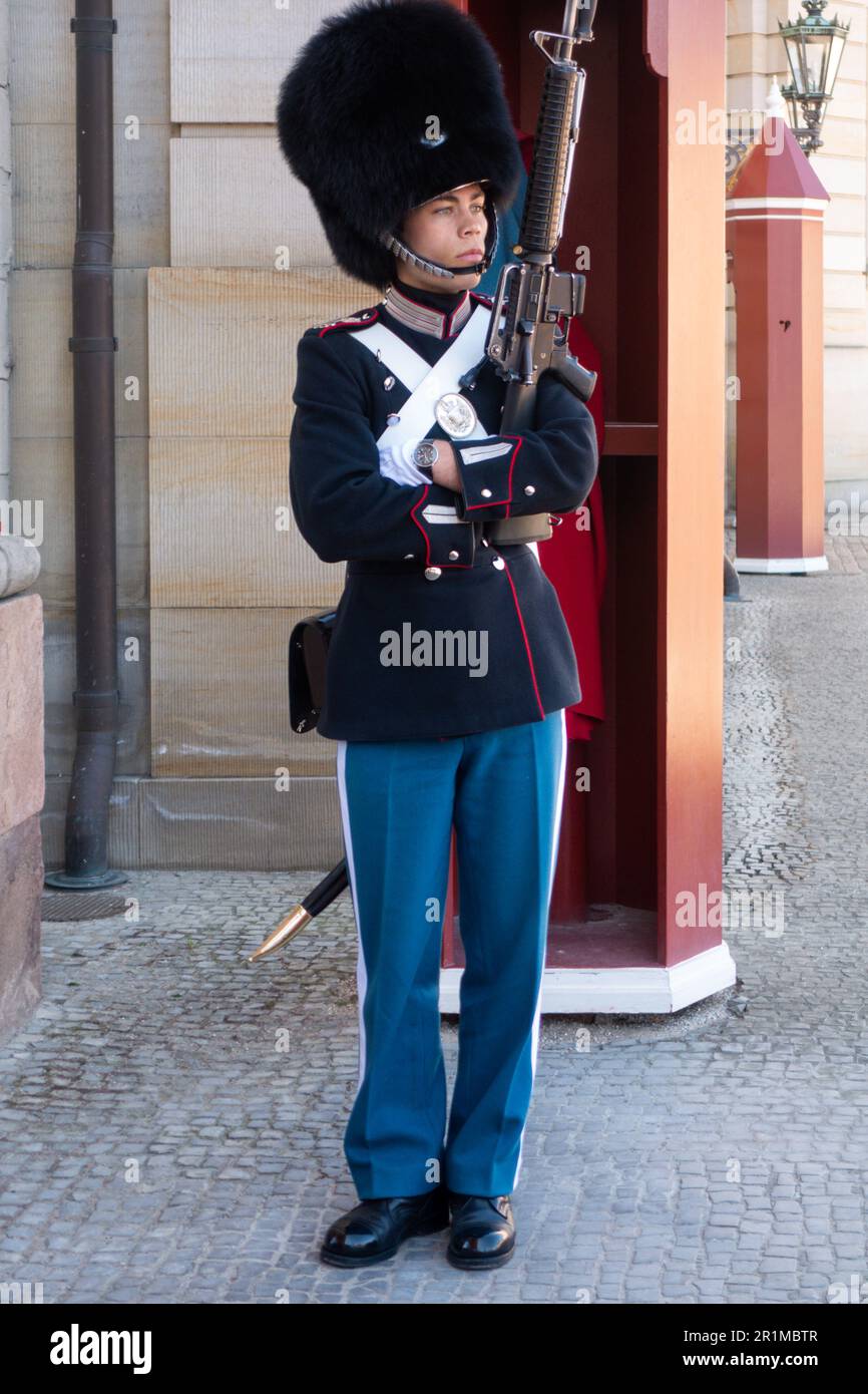 Dänische Königliche Garde auf Schloss Rosenborg in Kopenhagen, Dänemark Stockfoto