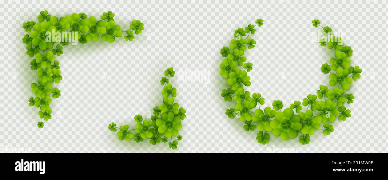 Shamrock Klee vierblättriger Kranz Rahmenvektor Clipart für St. Patrick Day in Kreis- und quadratischer Form isoliert auf transparentem Hintergrund. Realistische Darstellung von 3D drei und 4 Grasblättern Stock Vektor
