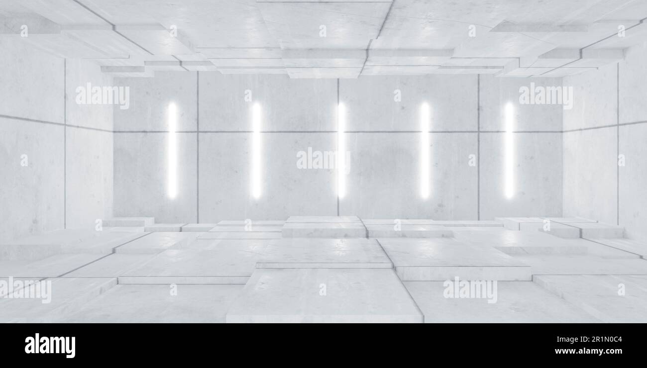 Minimalistischer weißer Raum mit 3D-Rendering-Illustration mit Ambientebeleuchtung Stockfoto