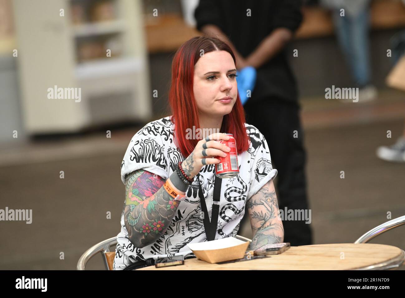 London, Großbritannien. 14. Mai 2023. Die London Great British Tattoo Show 2023. Große Menschenmassen, tolle Atmosphäre und großartige Tätowierer kommen aus aller Welt und köstliche Speisen und Getränke im Alexandra Palace, London, Großbritannien, Credit: Siehe Li/Picture Capital/Alamy Live News Stockfoto