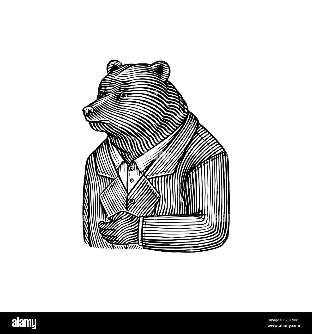 Fashion Grizzly Bear Figur in einem Anzug. Ein Gentleman in einer Jacke. Tier in Retro-Kleidung. Vintage-Gravur. Handgezeichnete Skizze für Logo-Avatar Stock Vektor