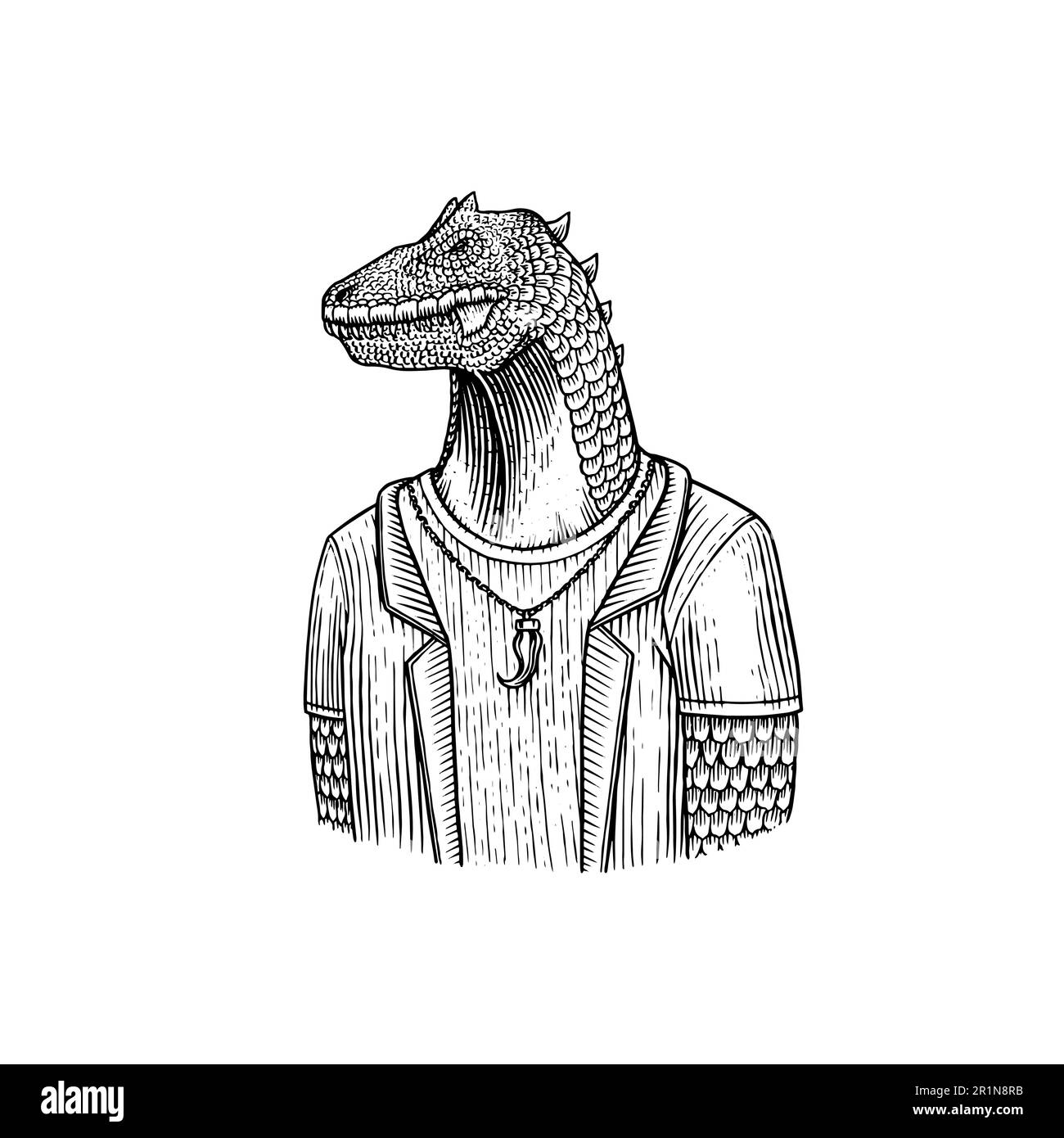 Tragen Sie einen T-rex-Dinosaurier oder einen Tyrannosaurus in einem Anzug. Teenager in einer Jacke. Tier in Jugendkleidung. Vintage-Gravur. Handgezeichnet Stock Vektor