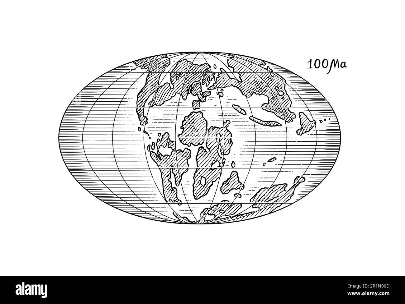 Plattentektonik auf dem Planeten Erde. Pangaea. Kontinentale Drift. Superkontinent bei 100 Ma. Die Ära der Dinosaurier. Jurassezeit. Mesozoisch. Handgezeichnet Stock Vektor