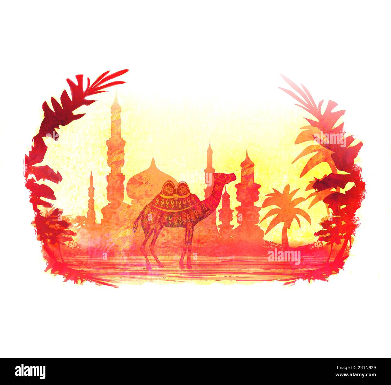 Kamelritt bei Sonnenaufgang - Grunge Kunstkarte Stockfoto