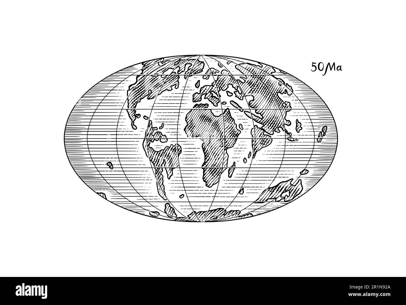 Plattentektonik auf dem Planeten Erde. Pangaea. Kontinentale Drift. Superkontinent bei 50 Ma. Die Ära der Dinosaurier. Jurassezeit. Mesozoisch. Handgezeichnet Stock Vektor
