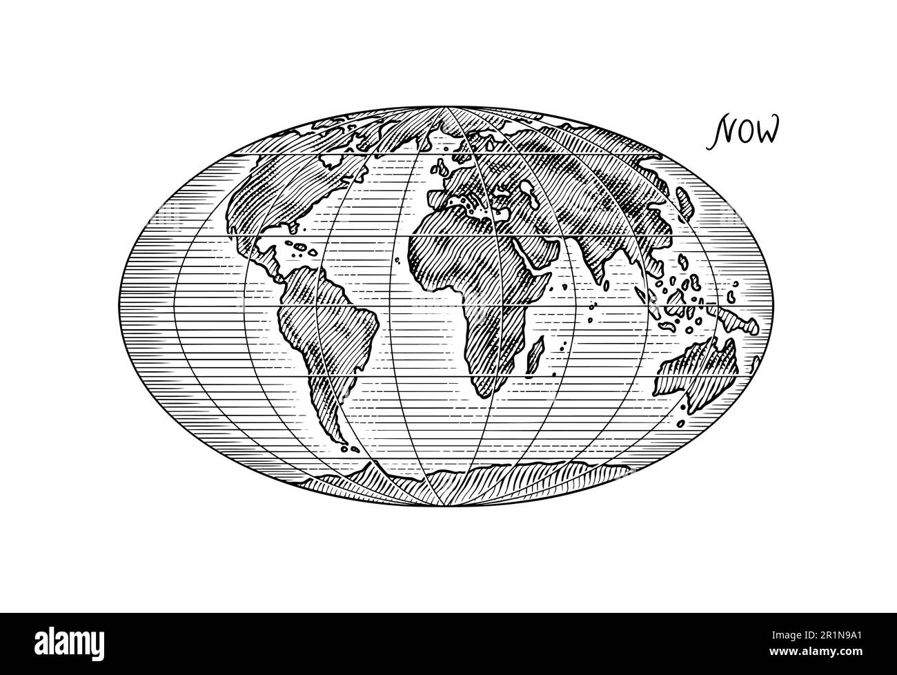 Plattentektonik auf dem Planeten Erde. Pangaea. Kontinentale Drift. Superkontinent. Handgezeichnete Skizze für die Typographie. Vintage-Gravur. Stock Vektor