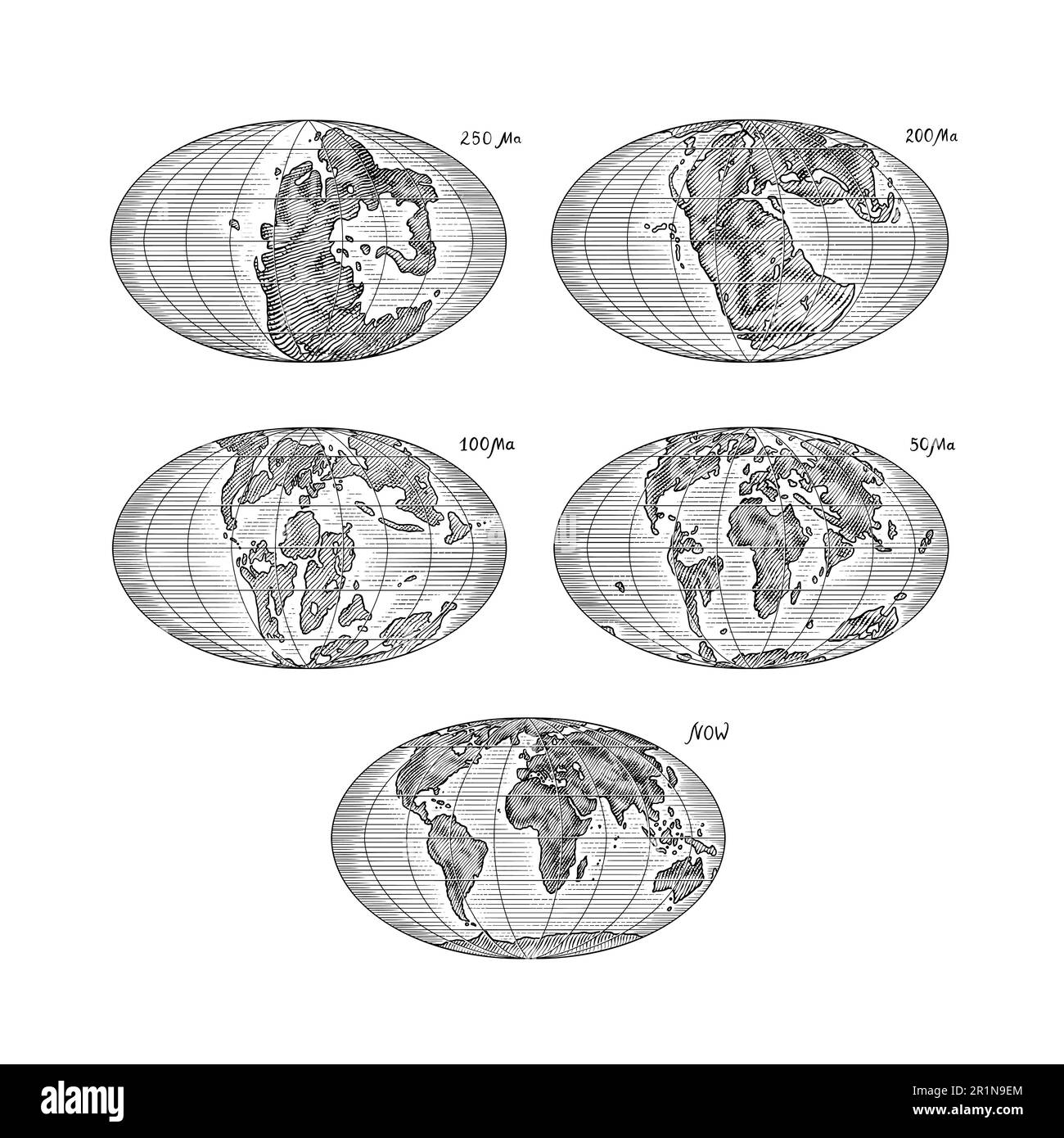 Plattentektonik auf dem Planeten Erde. Pangaea. Kontinentale Drift. Superkontinent bei 250 Ma. Die Ära der Dinosaurier. Jurassezeit. Mesozoisch. Handgezeichnet Stock Vektor
