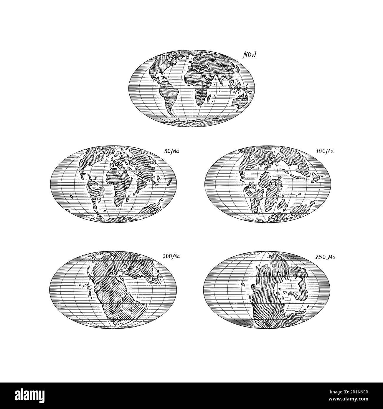 Plattentektonik auf dem Planeten Erde. Pangaea. Kontinentale Drift. Superkontinent bei 250 Ma. Die Ära der Dinosaurier. Jurassezeit. Mesozoisch. Handgezeichnet Stock Vektor
