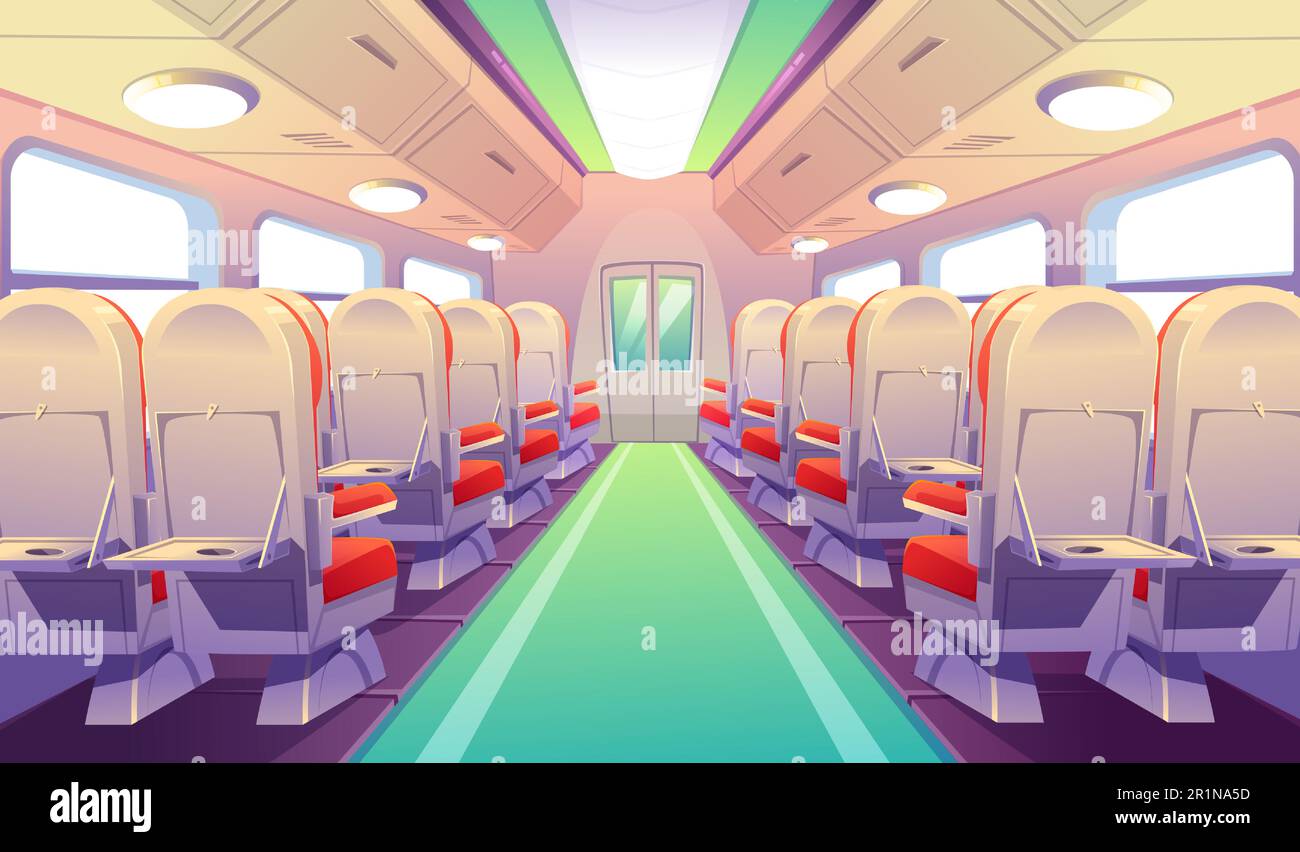 Leerer Bus-, Zug- oder Flugzeuginnenraum mit Stühlen und zurückklappbaren Tischen. Vector-Cartoon-Kabine im Personenwagentransport mit bequemen Sitzen und klappbarem Tablett Stock Vektor