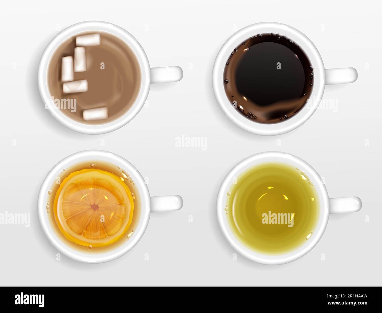 Tassen Kaffee, Tee und Kakao, Draufsicht. Vektorrealistisches Set aus heißen Getränken in Tassen, Espresso, grünem Tee und schwarzem Tee mit Zitrone, Schokolade mit Milch und Marshmallow, isoliert auf weißem Hintergrund Stock Vektor