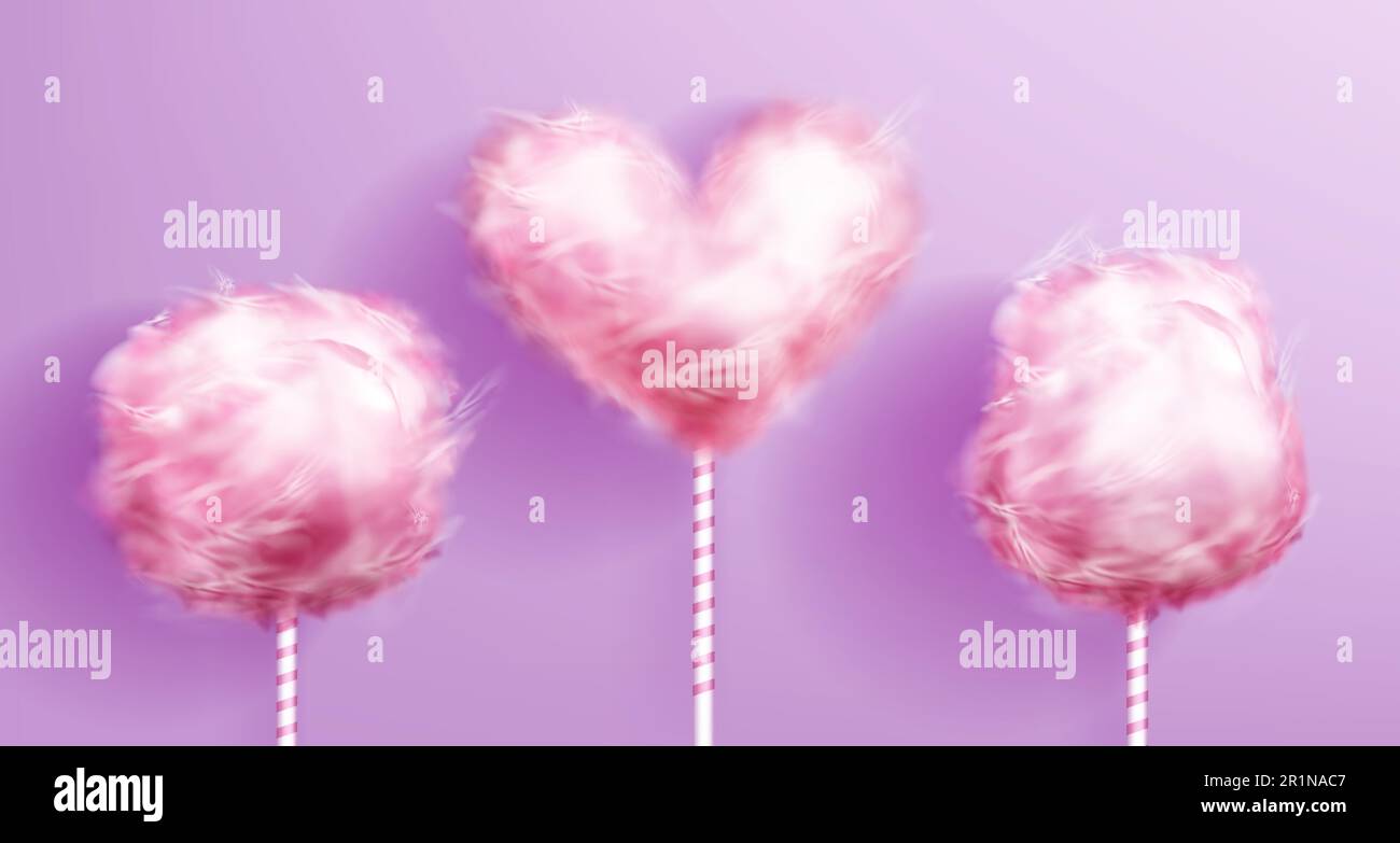 Zuckerwatte auf gestreiftem Stab Pink realistischer Vektor isoliert auf Hintergrund, herzförmiges süßes Zuckerdessert, leckeres Essen für Kinder auf Jahrmarkt, romantische Designelemente Illustration Stock Vektor