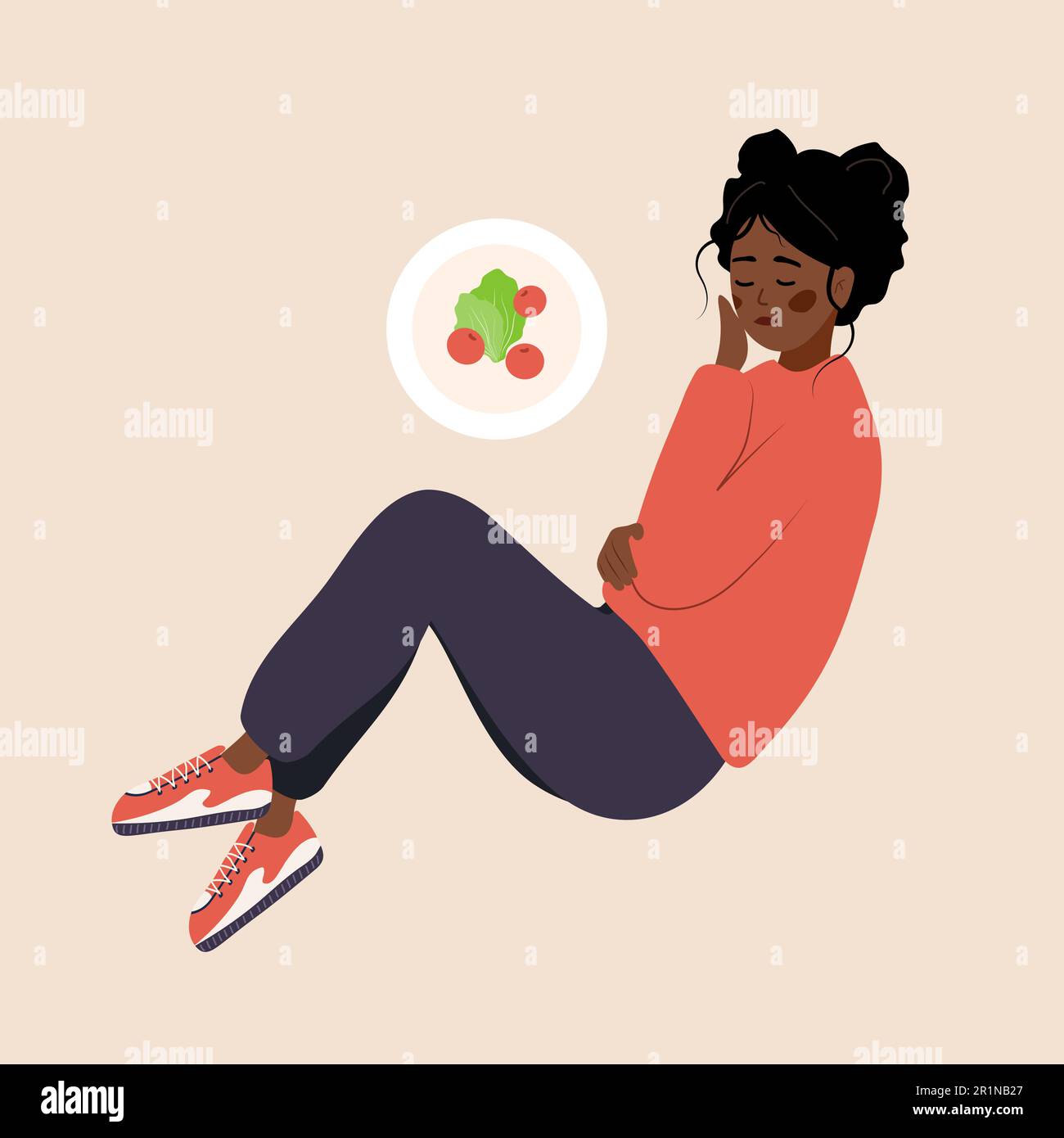 Essstörung. Depressive afrikanerin liegt auf dem Boden und fühlt sich vom Essen übel. Bulimie oder Anorexie. Mädchen mit psychischen Problemen Stock Vektor