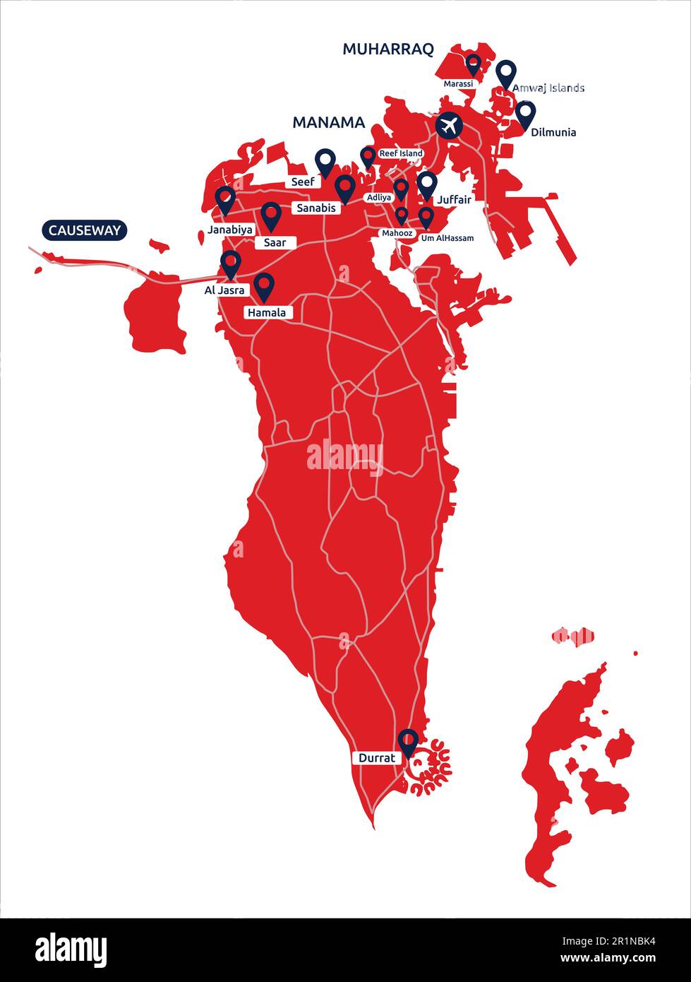 Detaillierte aktualisierte Karte von Bahrain mit Namen und Orten der Hauptgebiete Stock Vektor