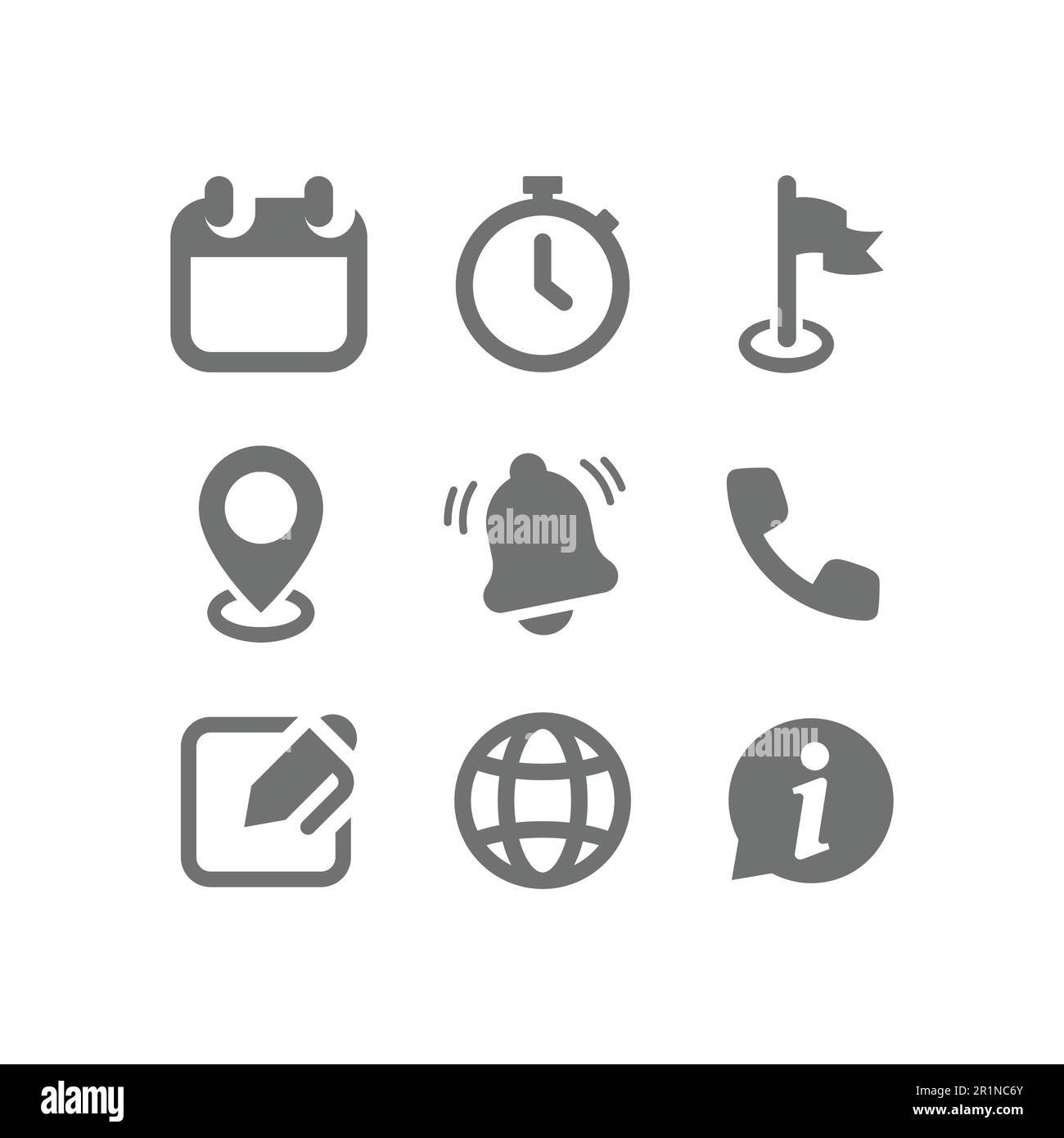 Symbolgruppe für Füllvektoren der Webschnittstelle. Kalender, Datum, Uhrzeit und Kontaktsymbole. Stock Vektor