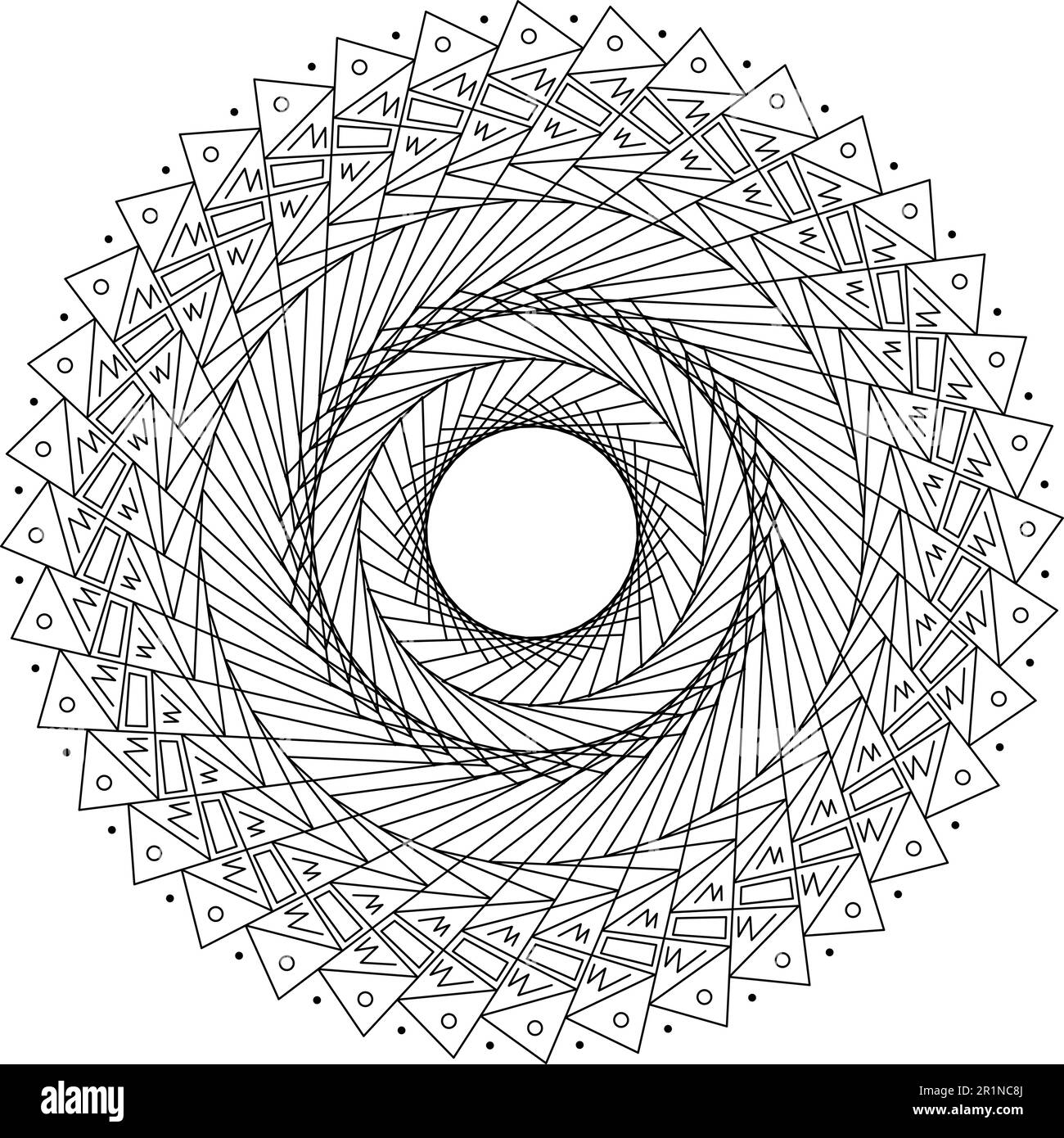 Schwarze Halbtonlinien in Wirbelform. Geometrische Kunst. Trendiges Designelement. Kreisförmige und radiale Linien, Spirale. Segmentierter Kreis mit Drehung Stock Vektor