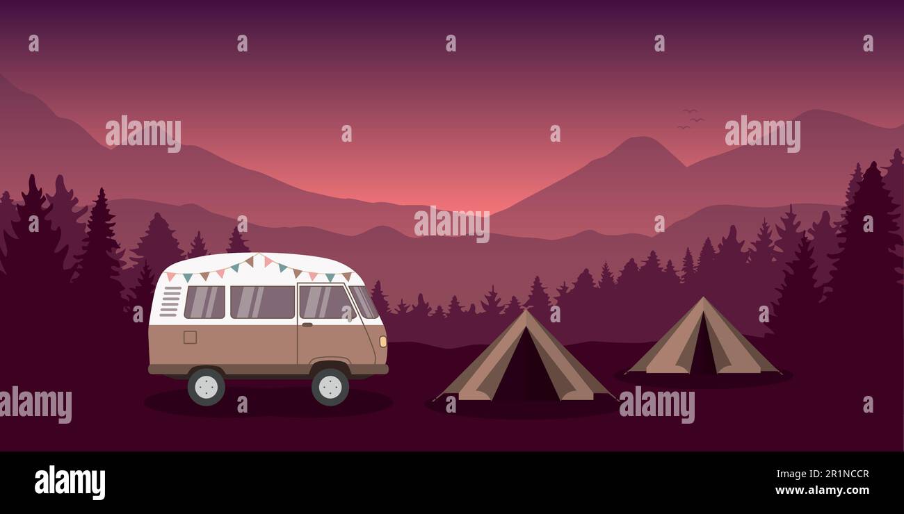 Camping-Abenteuer in der Wildnis mit Wohnmobil und Zelt Stock Vektor