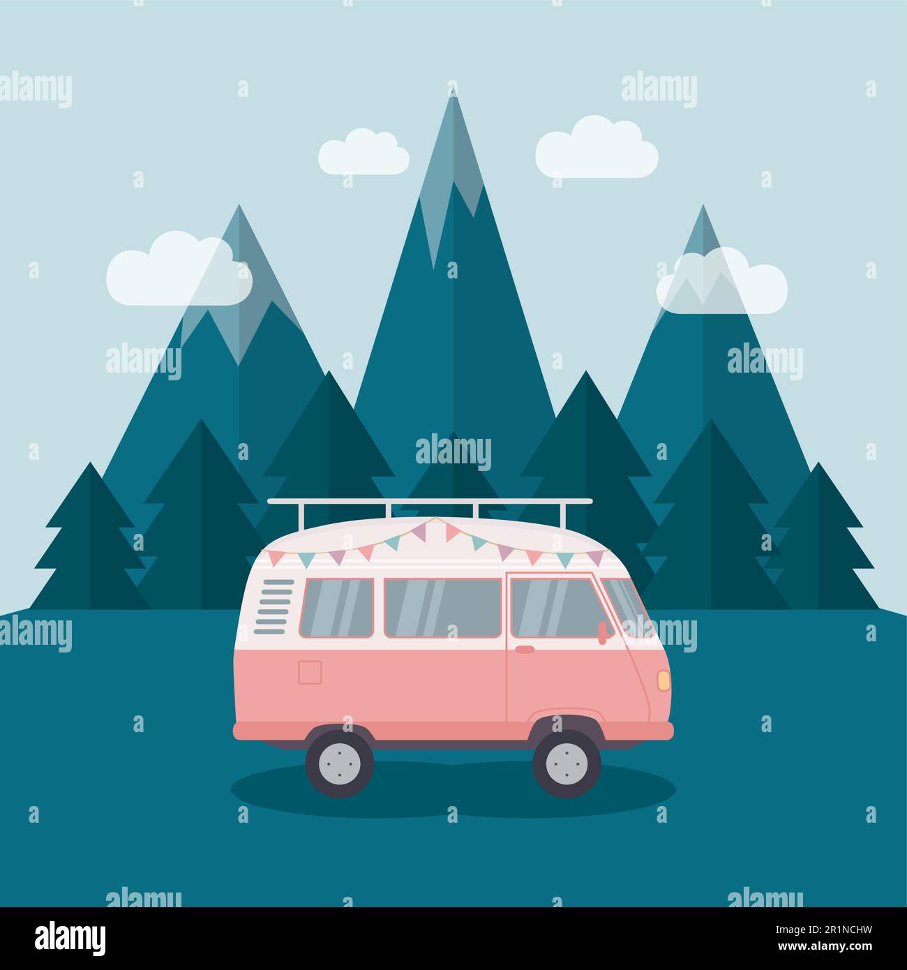 Sommerurlaub: Roadtrip in die Berge mit Wohnmobil Stock Vektor