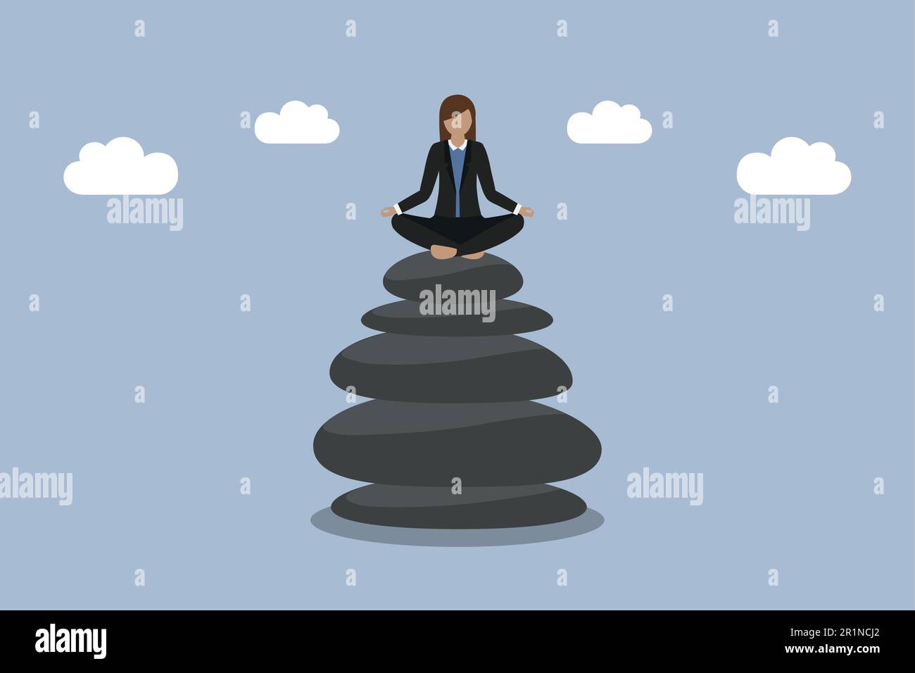 Meditierende Geschäftsfrau, die auf einem Zen-Steinen-Stapel sitzt, arbeitet das Konzept der Balance zwischen Leben und Leben Stock Vektor