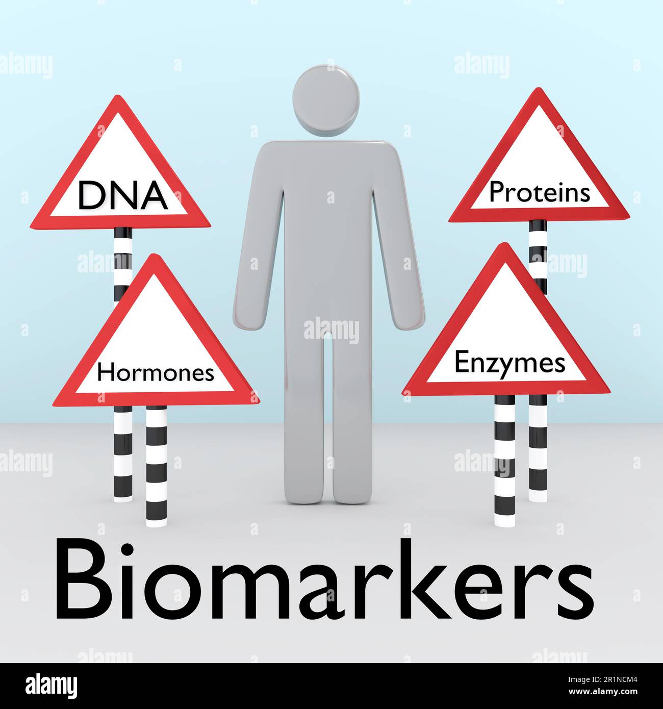 3D Darstellung der Silhouette des Menschen, umgeben von Straßenschildern mit den Konzepten: DNA, Proteine, Hormone und Enzyme, die als Biomarker bezeichnet werden. Stockfoto