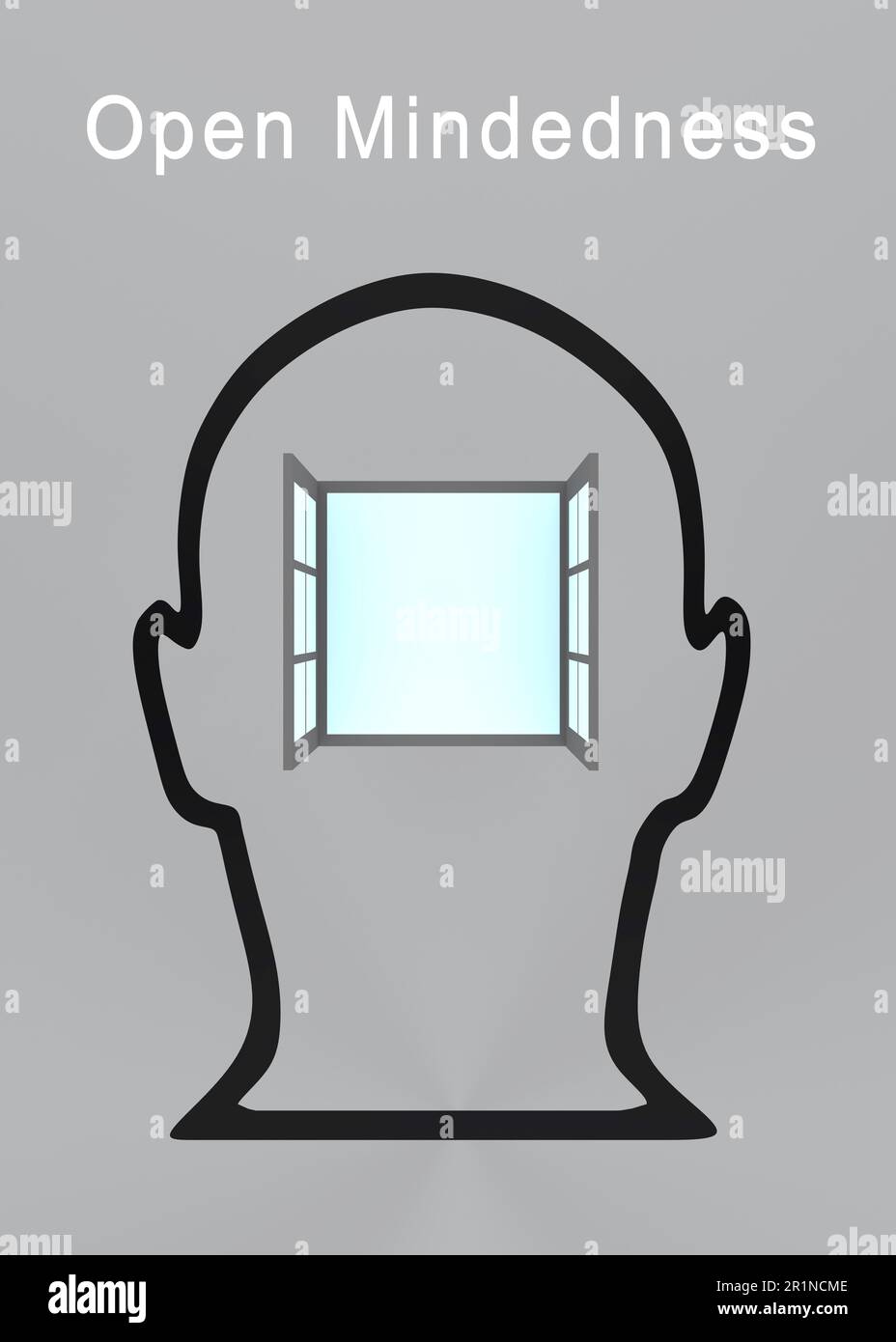 3D Abbildung eines symbolischen offenen Fensters in einer Kopfsilhouette mit dem Titel „Offene Einstellung“. Stockfoto