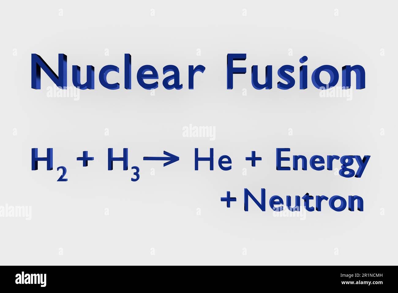 3D Darstellung einer chemischen Formel, die die Kernfusion ableitet, bei der ein Wasserstoffatom und ein Deuteriumatom zu einem Heliumatom und einem Prot Stockfoto