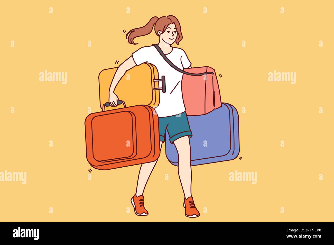 Eine Frau trägt viele Touristenkoffer, wenn sie auf eine lange Reise geht oder ihren Wohnort wechselt. Ein Mädchen mit schweren Koffern läuft und lächelt für Konzepteinwanderung und Land wechseln Stock Vektor