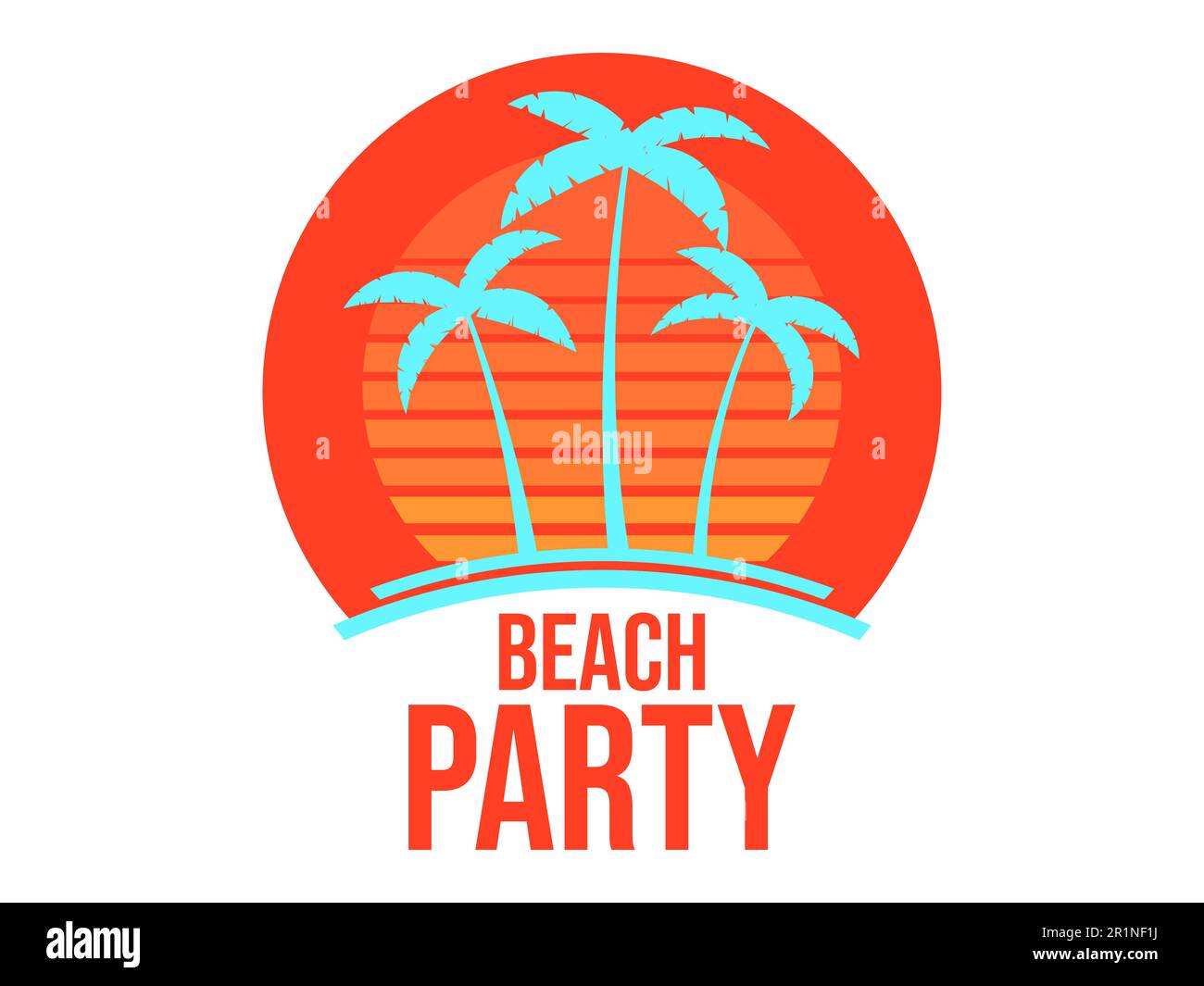 Strandparty-Banner mit Palmen und Sonnenuntergang isoliert auf weißem Hintergrund. Sommer tropischer Sonnenuntergang mit Sonnenpalmen im Stil der 90s Jahre. Design für Printi Stock Vektor