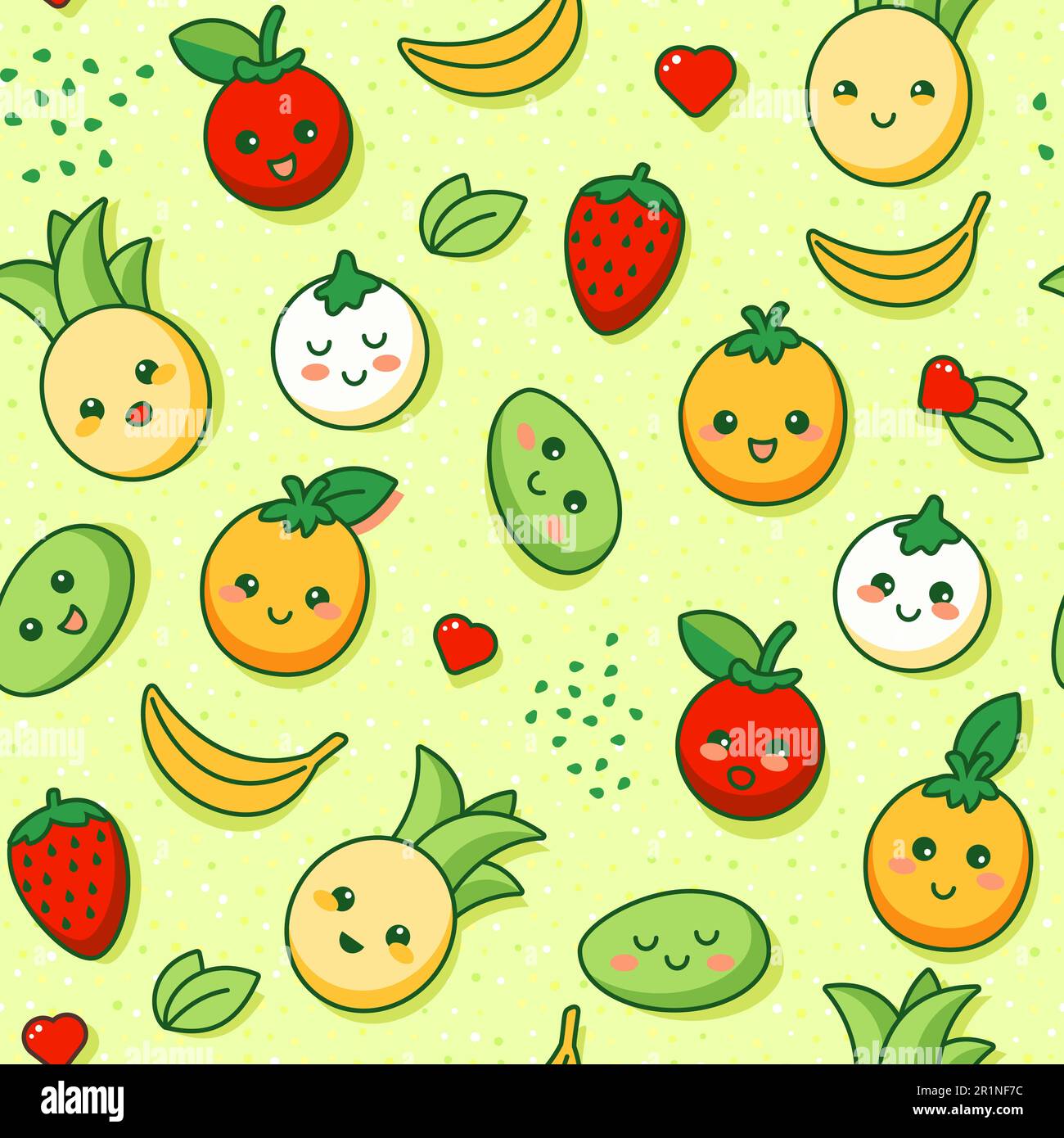 Fröhliches und helles Sommermuster mit saftigen tropischen Früchten. Kawaii-Cartoon-Style. Vektordarstellung. Nahtloses Vektormuster, perfekt für Kinder Stock Vektor