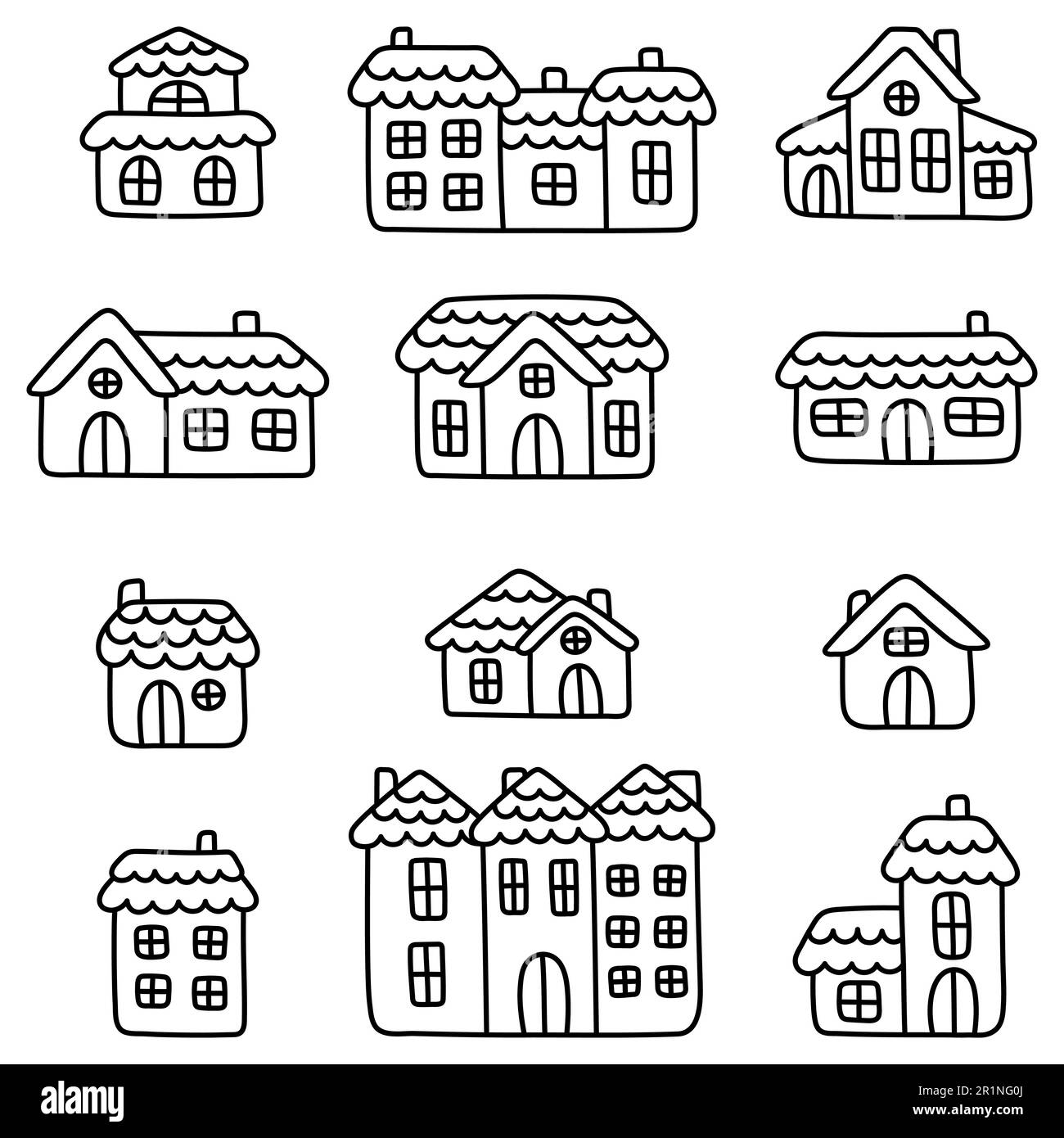 Eine Sammlung von einfachen und niedlichen linearen Häusern. Doodle Art Illustration. Set aus flachen Elementen für die Gestaltung von Kinderwaren und -Bekleidung. Kawaii Stock Vektor