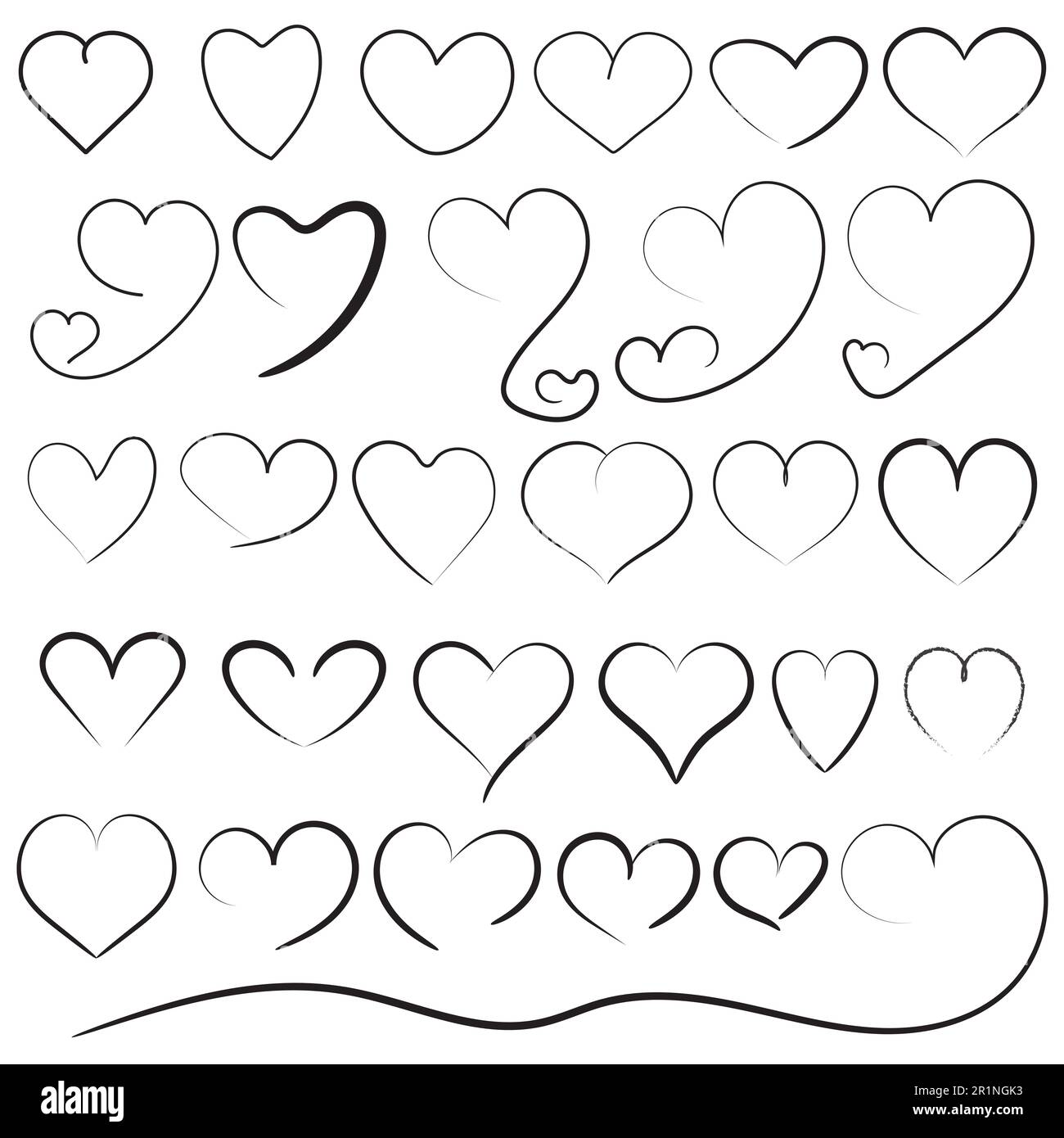 Herzform mit Skizzen- oder Handzeichensymbol, verschiedene Liebesherzen zeichnen Sammlungsvektordesign auf weißem Hintergrund Stockfoto