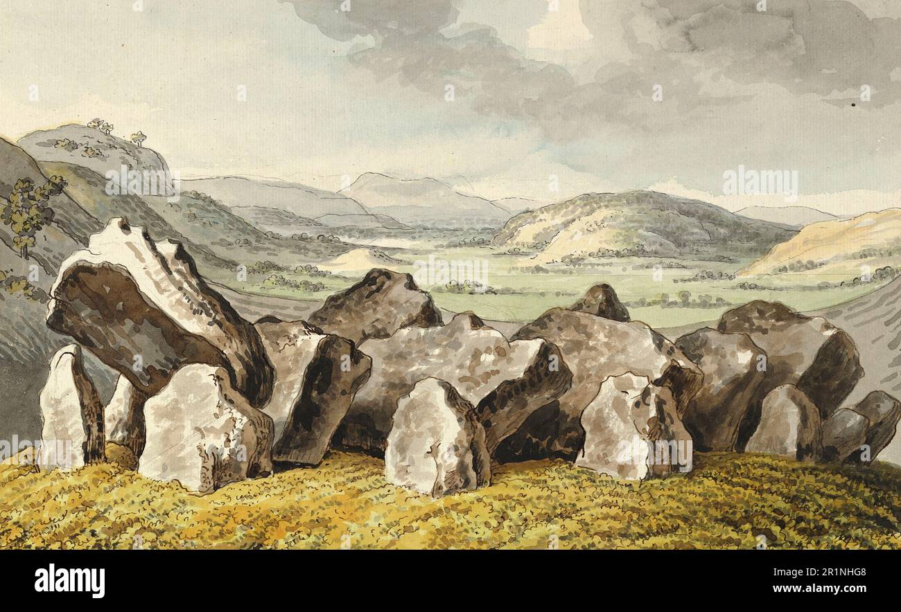 Ein prähistorischer Steinkreis auf einem Hügel, dahinter eine weitläufige Landschaft, um 1810, gemalt von Johann Heinrich Wilhelm Tischbein , eine historische, digital restaurierte Reproduktion eines Originals aus dem 19. Jahrhundert / ein prähistorischer Steinkreis auf einem Hügel, dahinter eine ausgedehnte Landschaft, um 1810, Bild von Johann Heinrich Wilhelm Tischbein , Historisch, digital restaurierte Reproduktion von einer Vorlage aus dem 19. Hundert Stockfoto