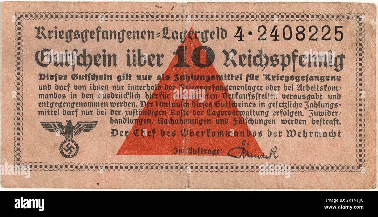 Lagergeld, Geld für Kriegsgefangenenlager, aus dem deutschen Kriegsgefangenenlager Stalag IV B in Mühlberg an der Elbe. Eine Banknote von 10 Pfennig, 1940, Deutschland, Historische, digital restaurierte Reproduktion eines Originals aus dem 19. Jahrhundert / Lagergeld, Kriegsgefangenen Lagergeld, aus dem deutschen Kriegsgefangenenlager Stalag IV B in Mühlberg an der Elbe. Eine Banknote zu 10 Pfennig, 1940, Deutschland, Historisch, digitale Restaurierte Reproduktion von einer Vorlage aus dem 19. Hundert Stockfoto