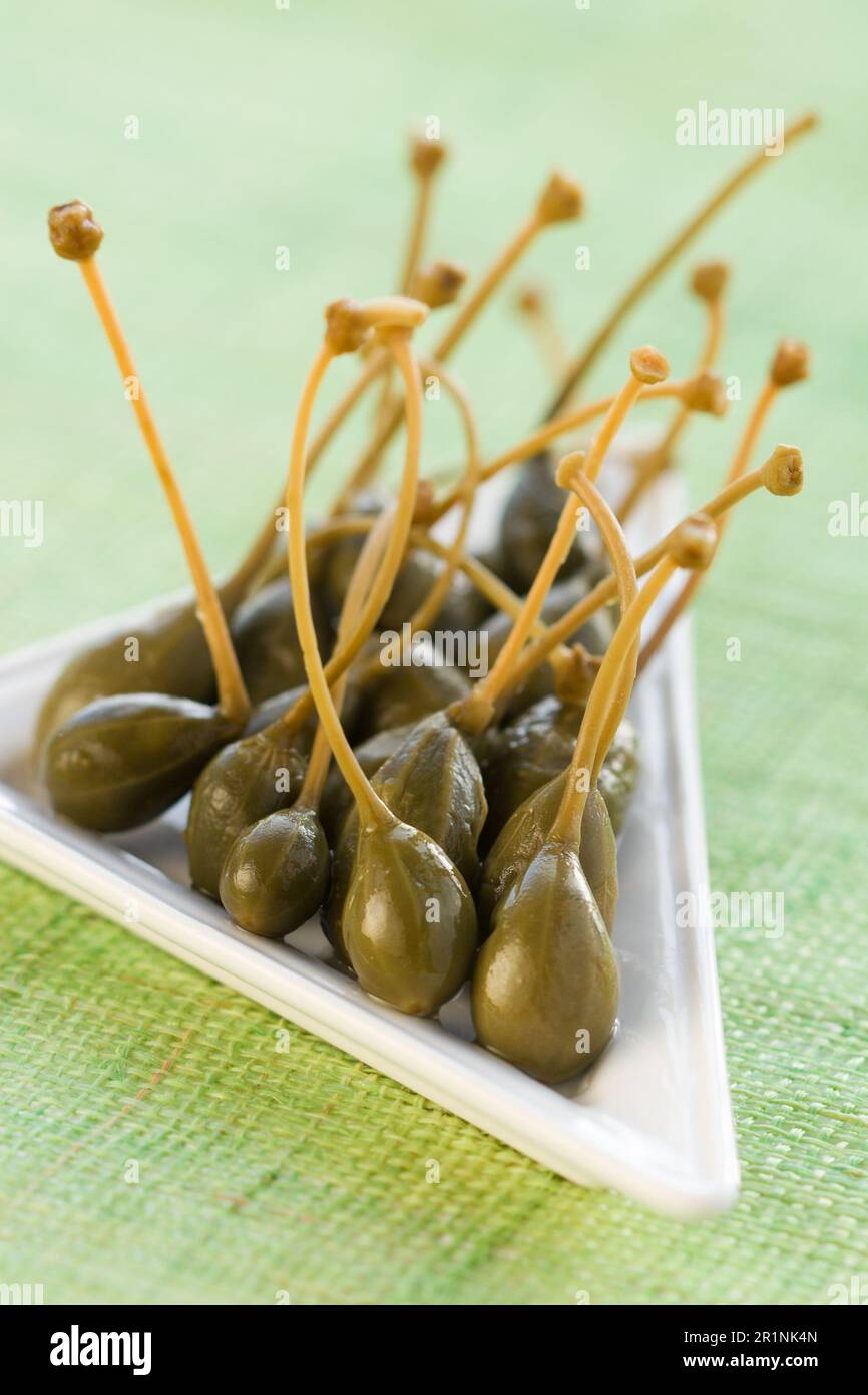 Ein paar marinierte Kapern auf einem kleinen weißen Teller Stockfoto