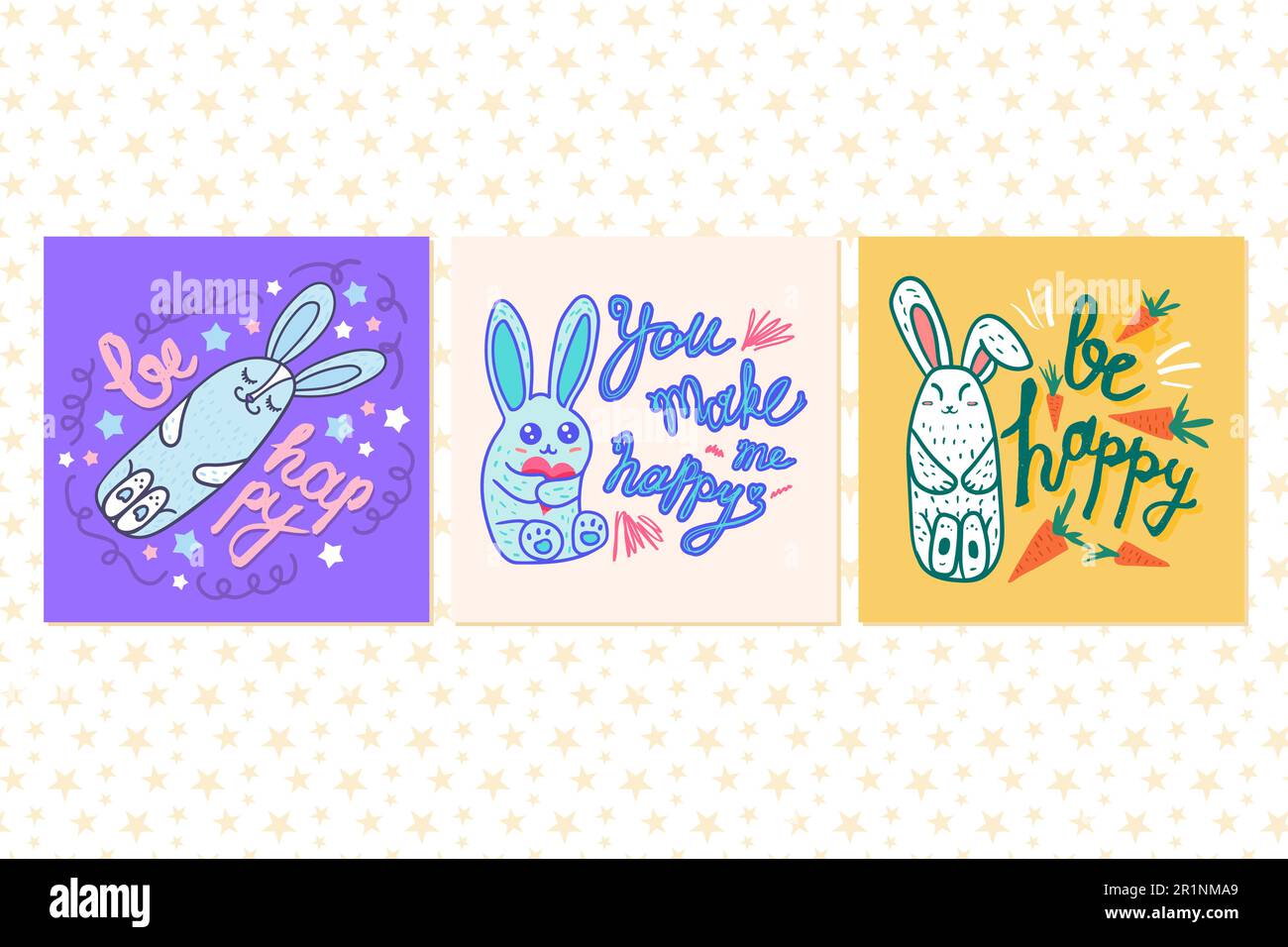 Süße Karten mit handgezogenen Motivationszeichen und lustigen Häschen. Satz von Vorlagengrußkarten für Feiertage und Geburtstage. Calligra Stock Vektor