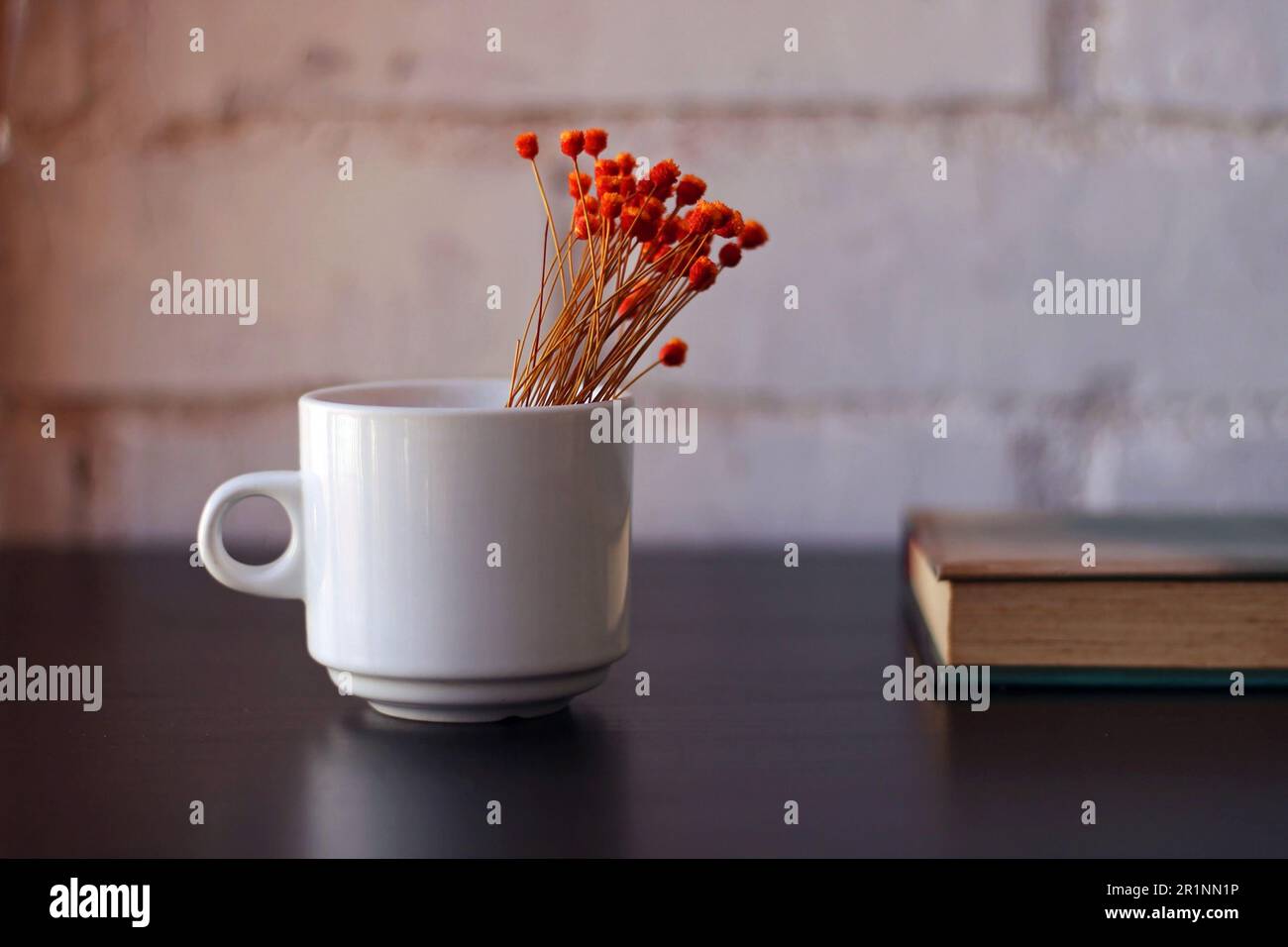 Das Buch ist neben einem Becher mit Blumen geöffnet. Stockfoto