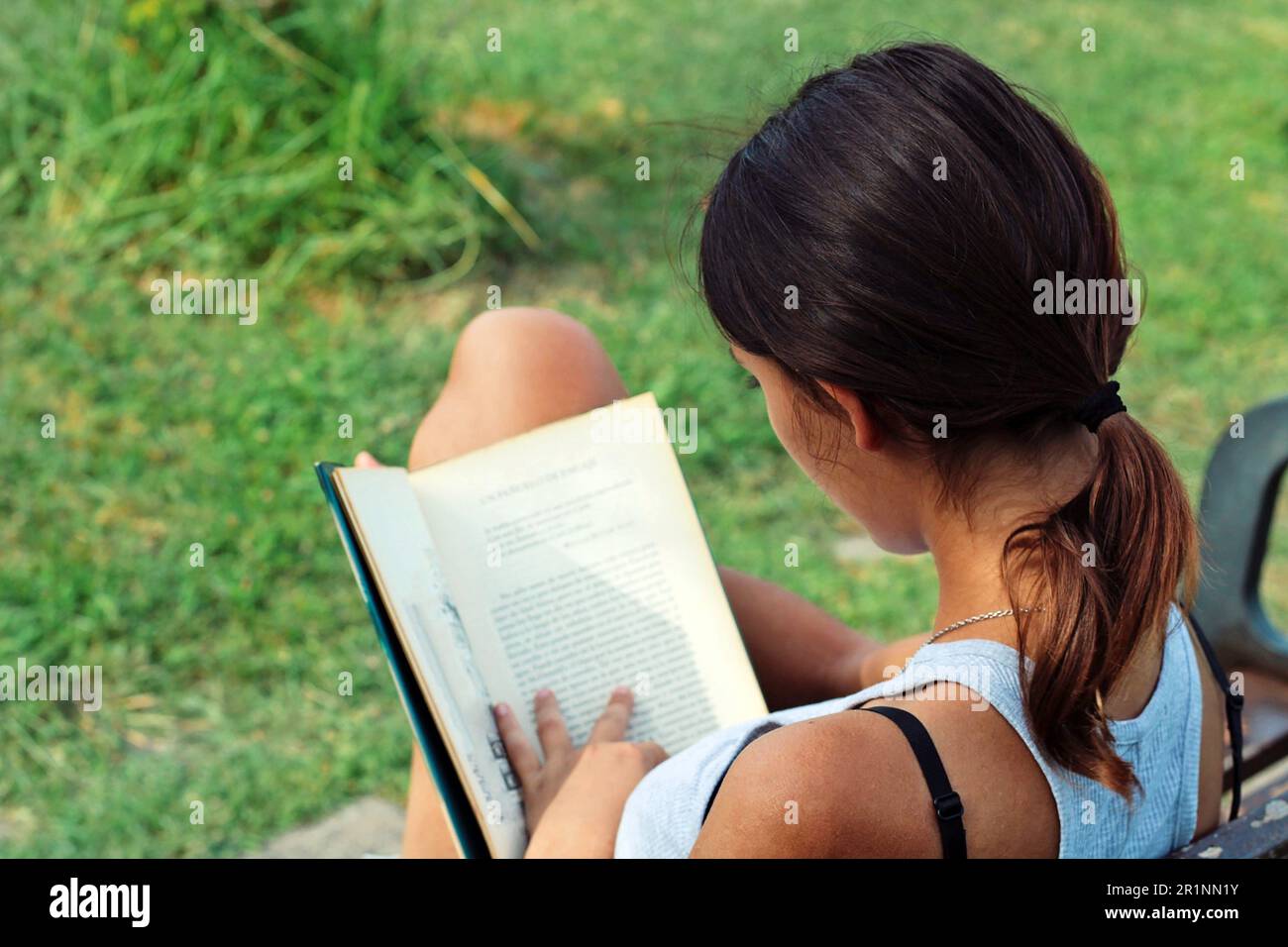 Eine Frau, die auf einer Bank sitzt und im Wald ein Buch liest. Stockfoto