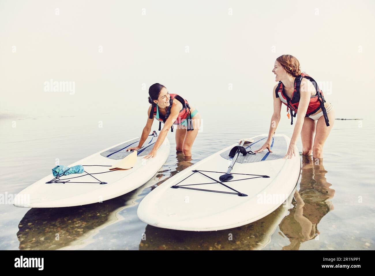 Zwei junge Freundinnen schieben ihre SUP-Bretter bei Sonnenaufgang ans Ufer Stockfoto