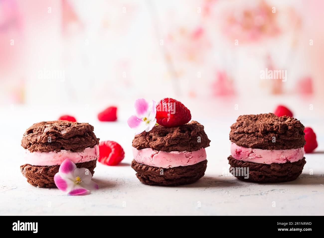 Hausgemachte Eiskekse, Sandwiches mit Himbeeren und Schokolade Stockfoto