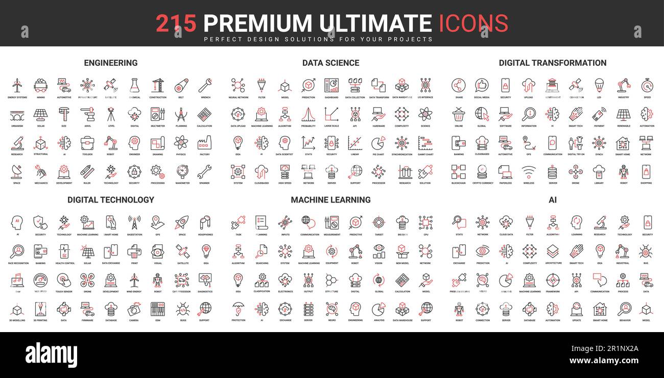 Digitale Technologie, KI-Datenwissenschaft dünne Linie rote schwarze Symbole setzen Vektordarstellung. Abstrakte Symbole für Engineering und digitale Transformation, maschinelles Lernen Einfache Design Mobil- und Web-Apps Stock Vektor