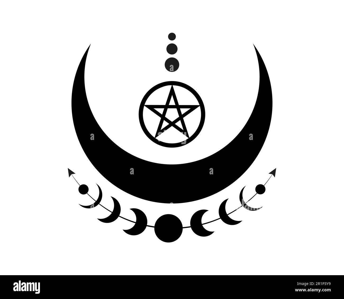 Mystische Mondphasen und Wicca-Pentagramm. Heilige Geometrie. Logo, Halbmond-Mond, heidnische Wiccan-Göttin-Symbol, Energiekreis, Bo-Style-Vektor Stock Vektor