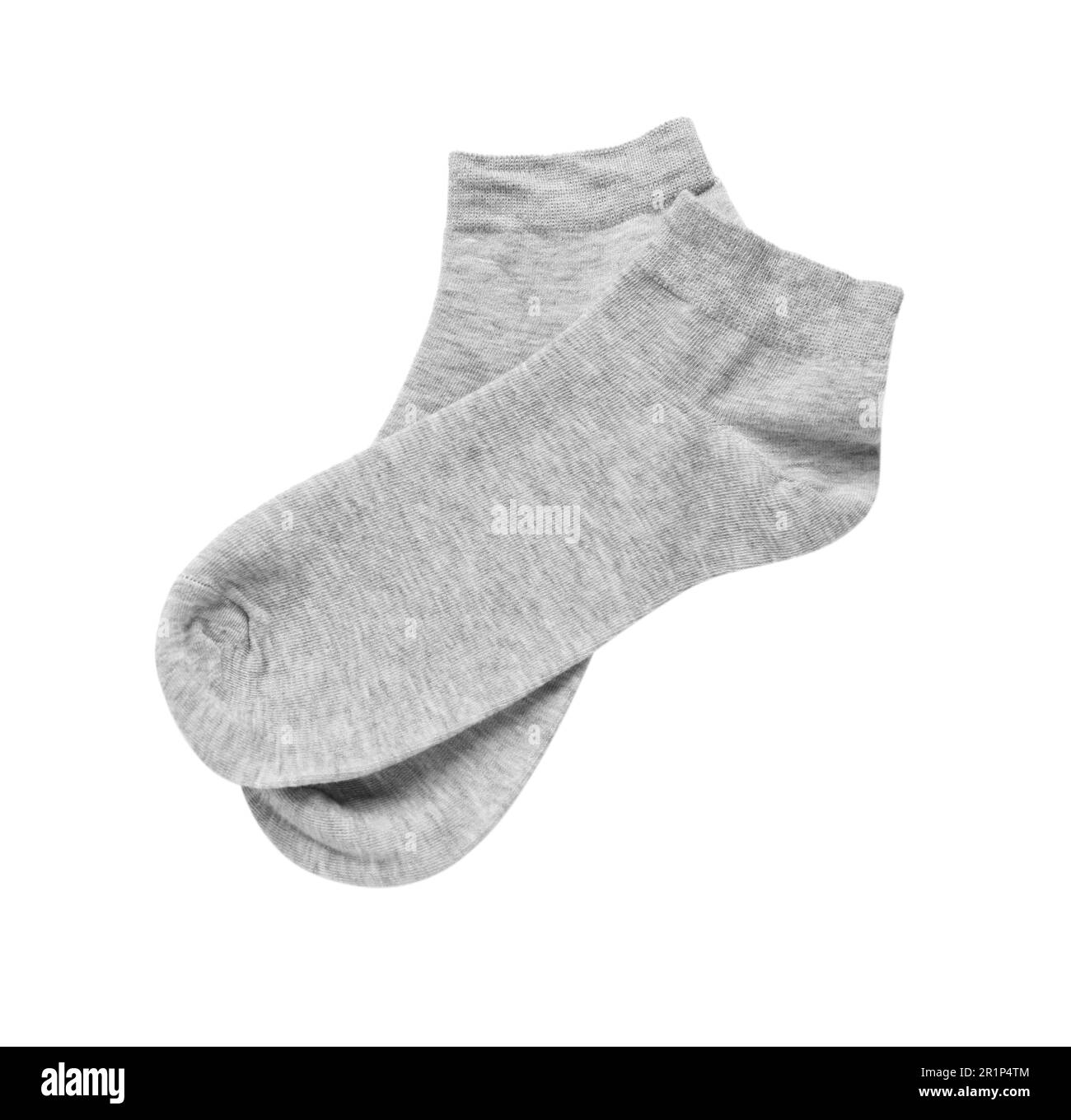 Graue Socken auf weißem Hintergrund, Draufsicht Stockfoto