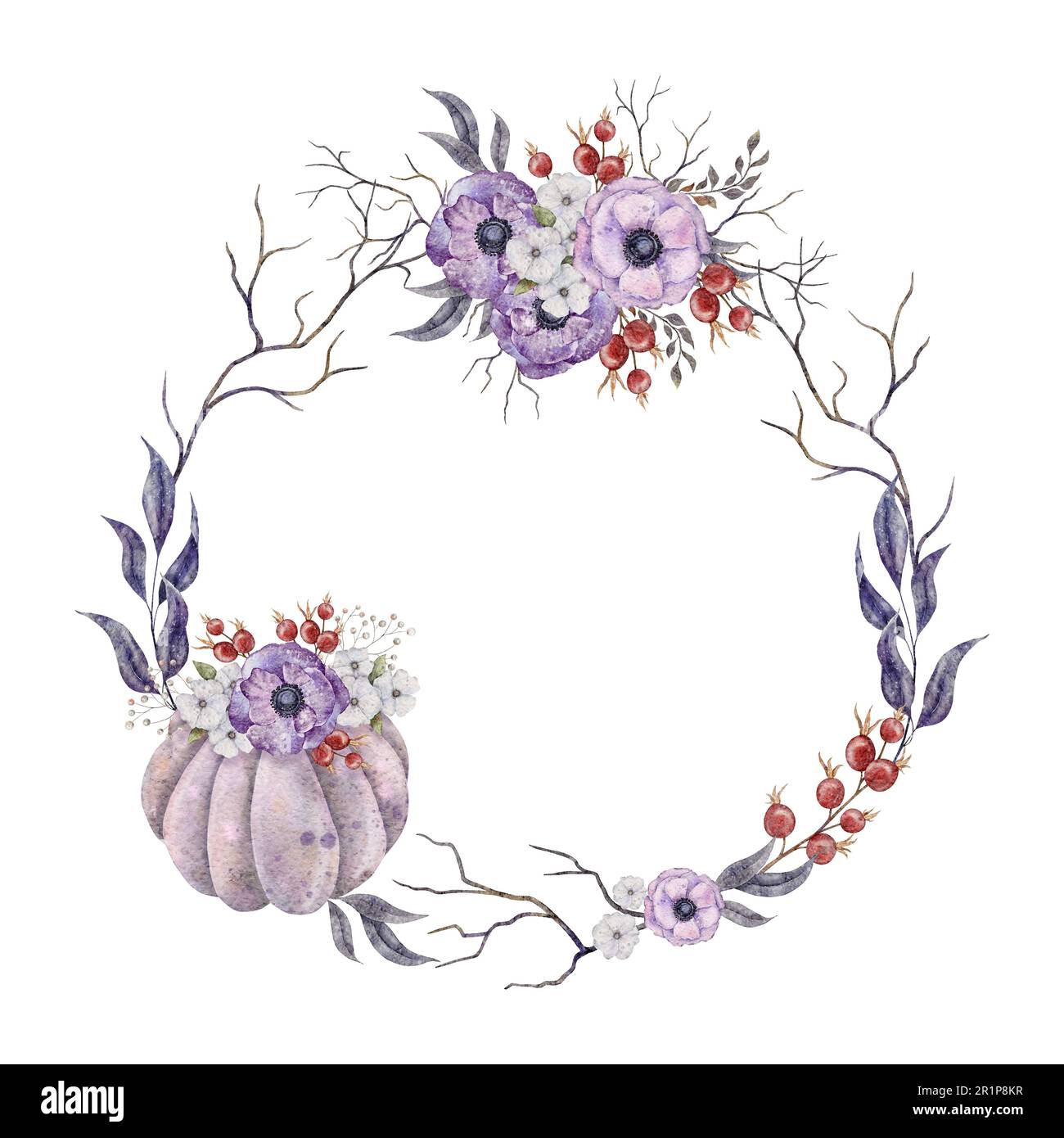 Runder Kranz mit violettem Kürbis und Purpüle-Anemone, Hagebutten, violetten Blättern in der Abenddämmerung und Baumzweigen. Herbstdarstellung in Aquarellfarben. Fallen Stockfoto