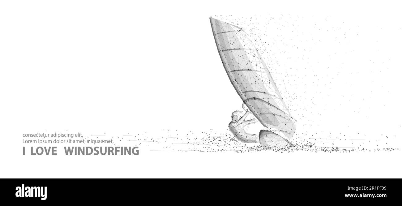 Windsurfen. Ein Mann auf dem Segelbrett, der auf dem Meer surft. Extreme Sportaktivitäten, Windsurfen segeln, Urlaub auf dem Meer, Outdoor-Abenteuer, Spaßruhe, Geschwindigkeit und Stock Vektor