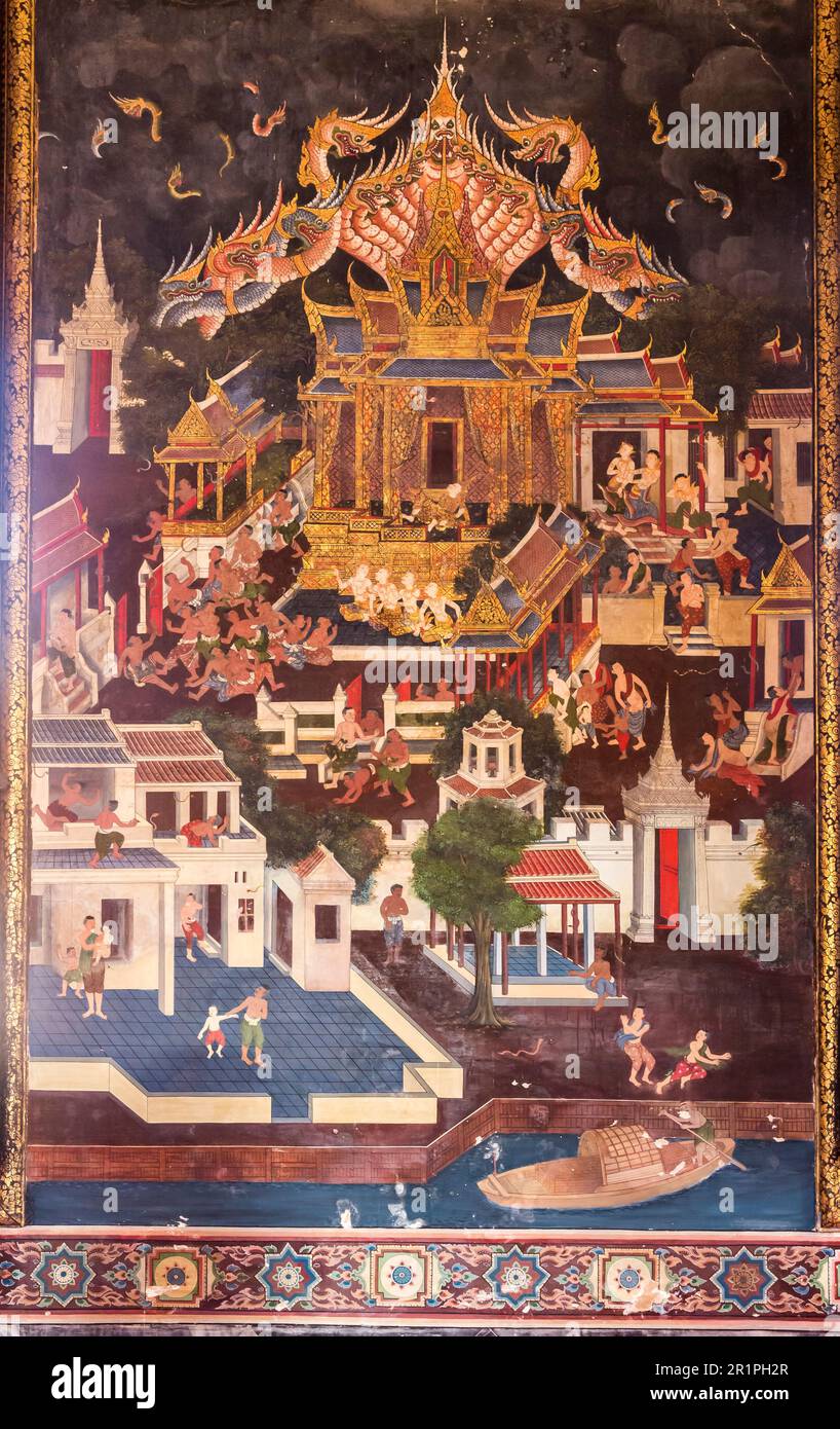 Wandgemälde, Wat Saket, Tempel des Goldenen Berges, Wat Saket Ratcha Wora Maha Wihan, Bangkok, Thailand, Asien Stockfoto