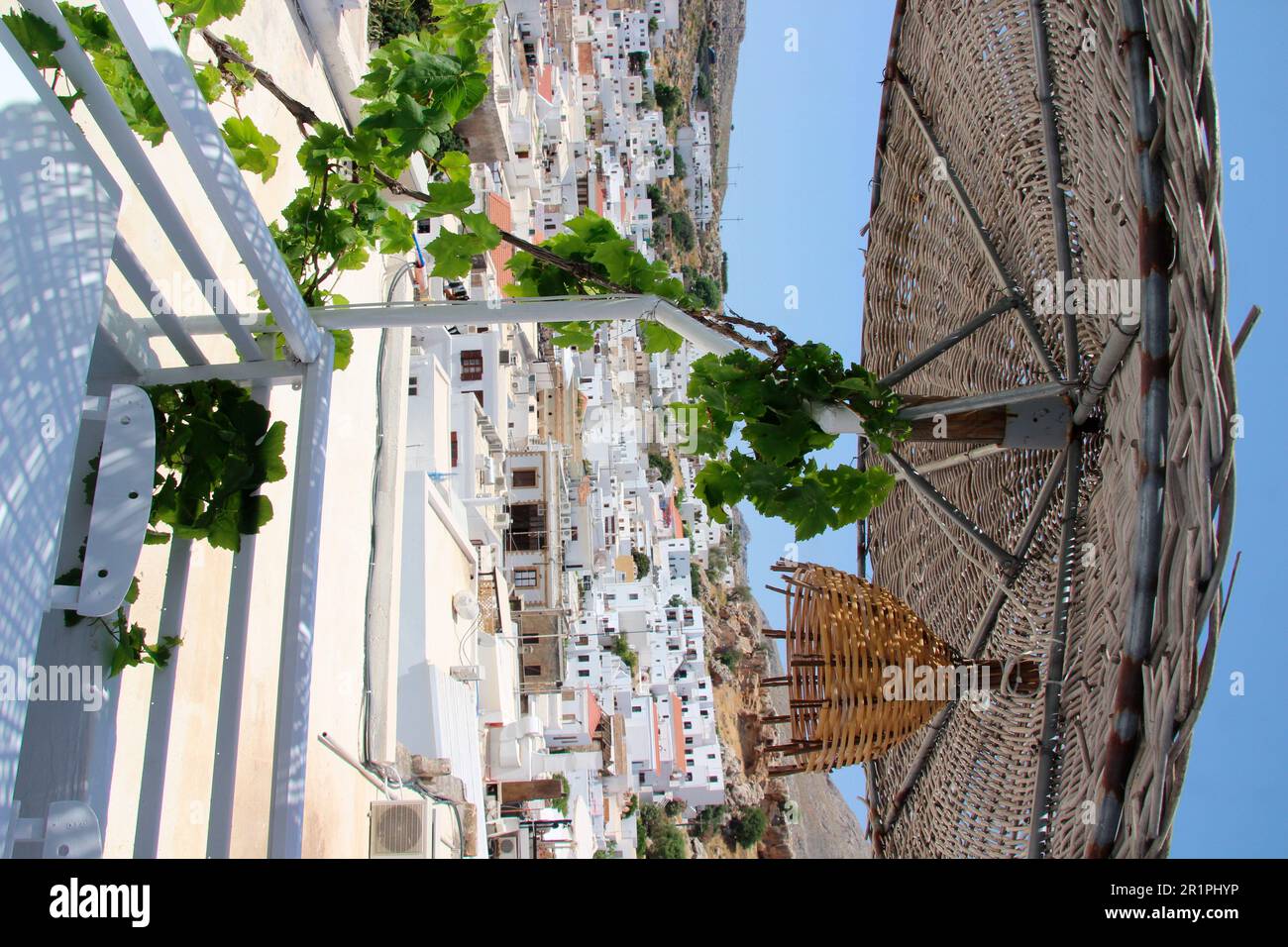 Griechenland, Rhodos Island, Lindos, Stadtübersicht Europa, Dodekanese, Insel, Ägäisches Meer, südliche Sporaden, Inselgruppe, Küste, Häuser, Wohnungen, übers Stockfoto