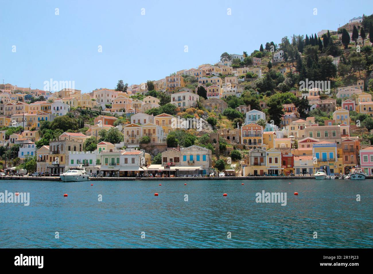 Blick, Blick auf das Dorf, Hafen, Stadt, Symi Insel, Griechenland Stockfoto