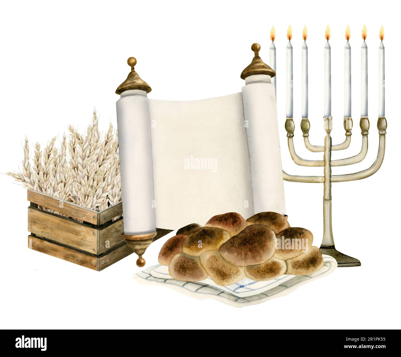 Aquarell Shavuot Grußkartenvorlage mit Holzbox mit Weizenernte, Torah-Schriftrolle, Challah und Menorah Stockfoto