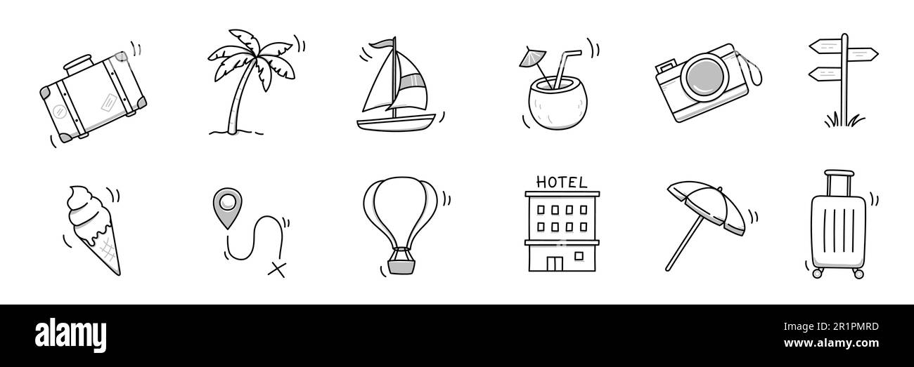 Gezeichneter Symbolsatz für Sommerurlaube. Handgezeichnete Skizze im Doodle-Stil Sommerausflug, Urlaubsikone. Kamera, Reisetasche, Handballenelement. Lustige touristische Vektordarstellung. Stock Vektor