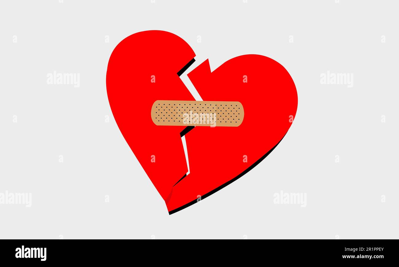 Gebrochenes rotes Herz wurde mit Pflaster geklebt. In zwei Hälften gerissen, mit Wundpflaster verbunden. Stockfoto