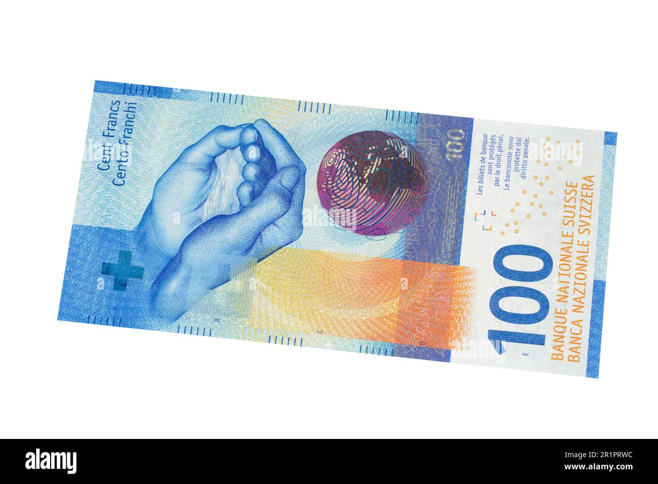 100 schweizer-Franken-Banknote auf weißem Hintergrund Stockfoto